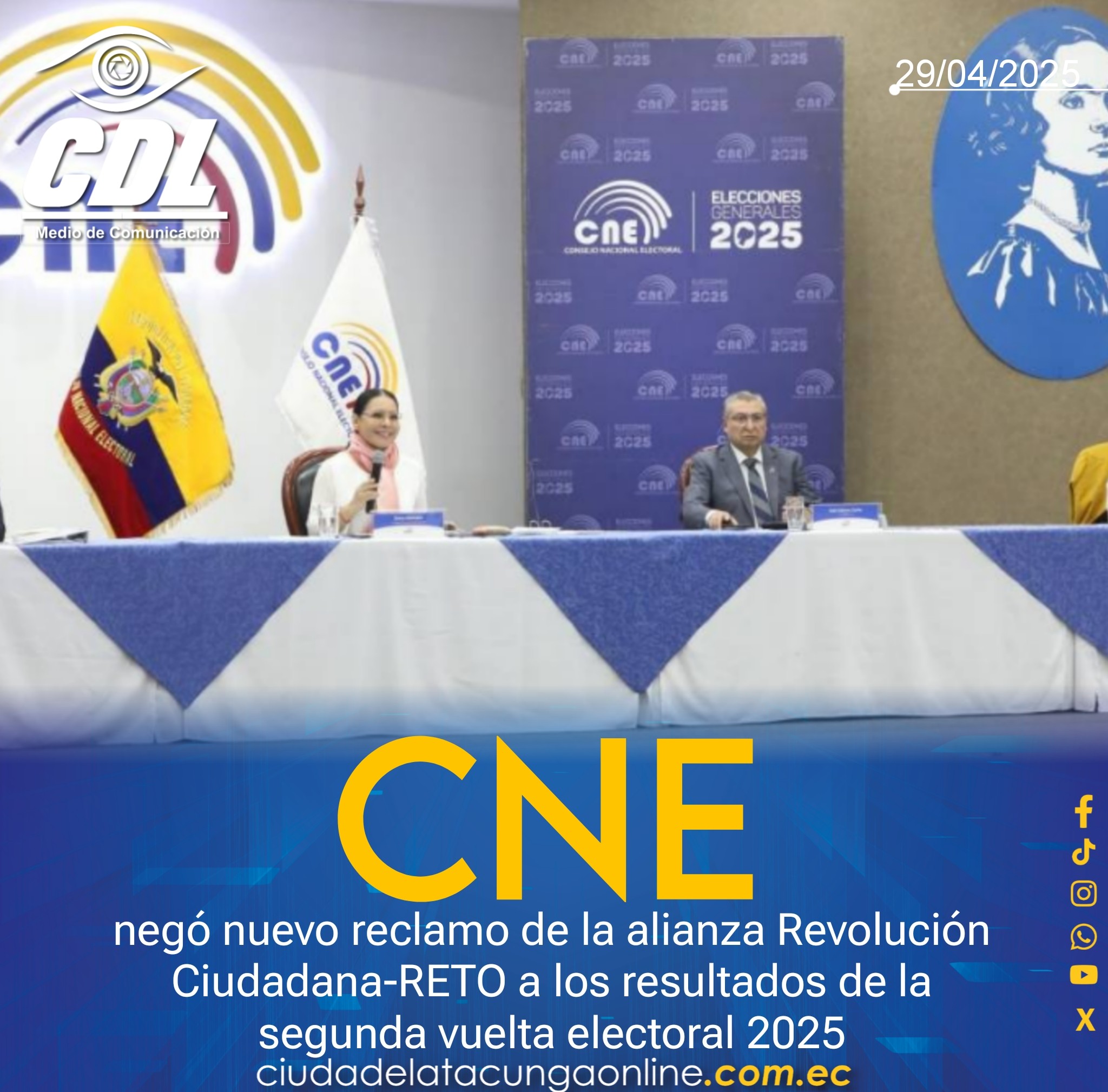 El CNE negó nuevo reclamo de la alianza Revolución Ciudadana-RETO a los resultados de la segunda vuelta electoral 2025