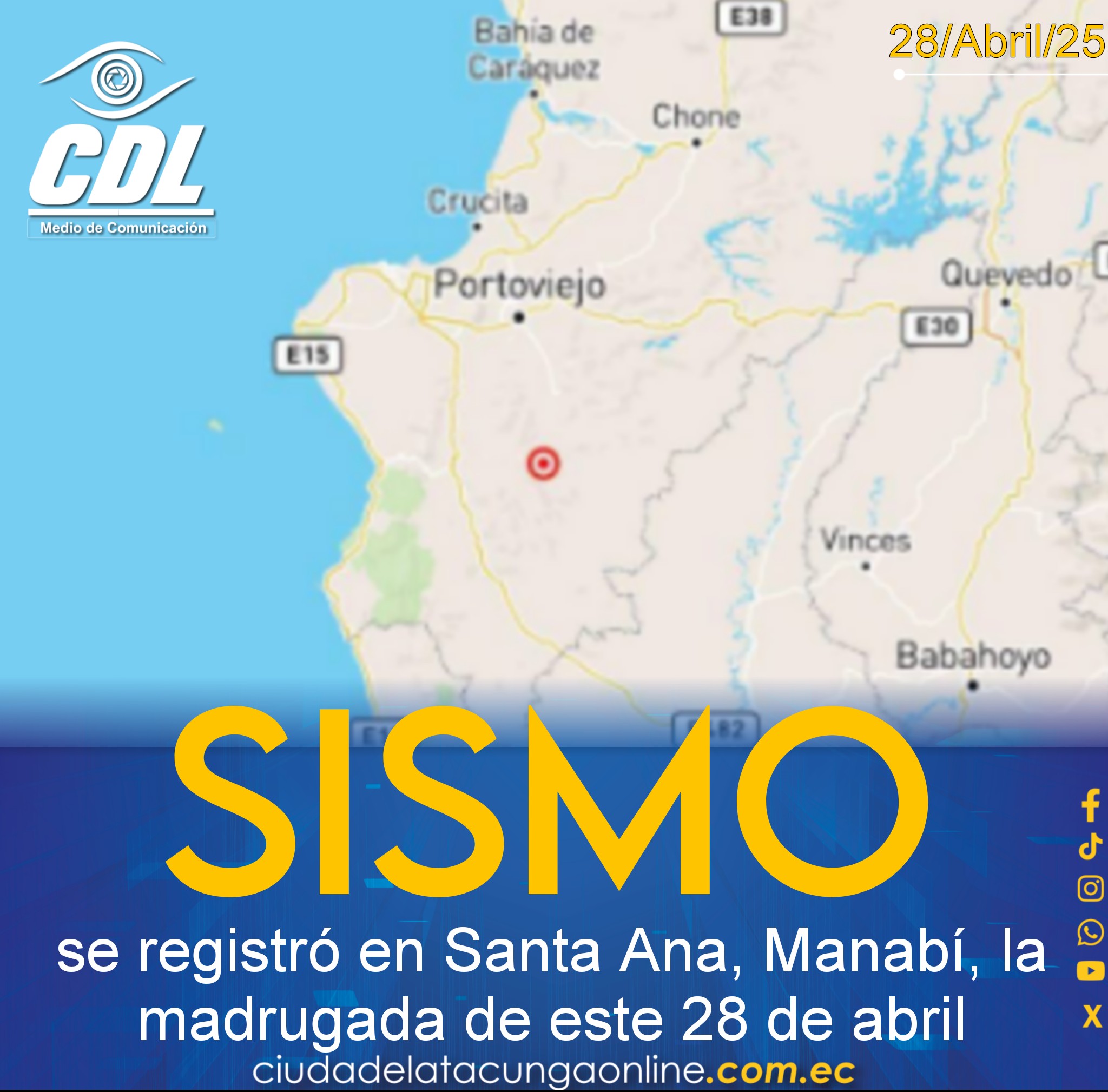 Un sismo se registró en Santa Ana, Manabí, la madrugada de este 28 de abril