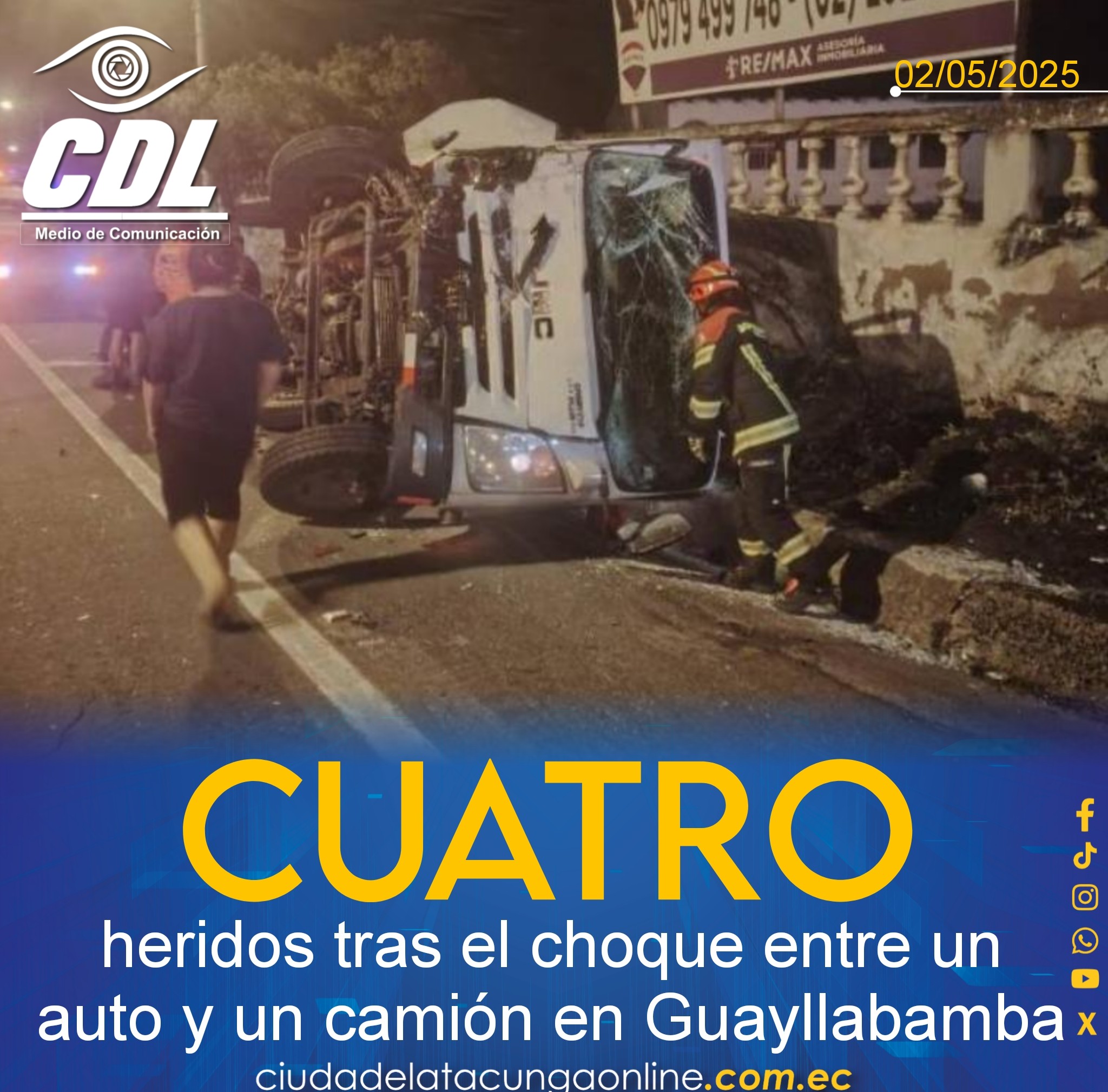 Cuatro heridos tras el choque entre un auto y un camión en Guayllabamba