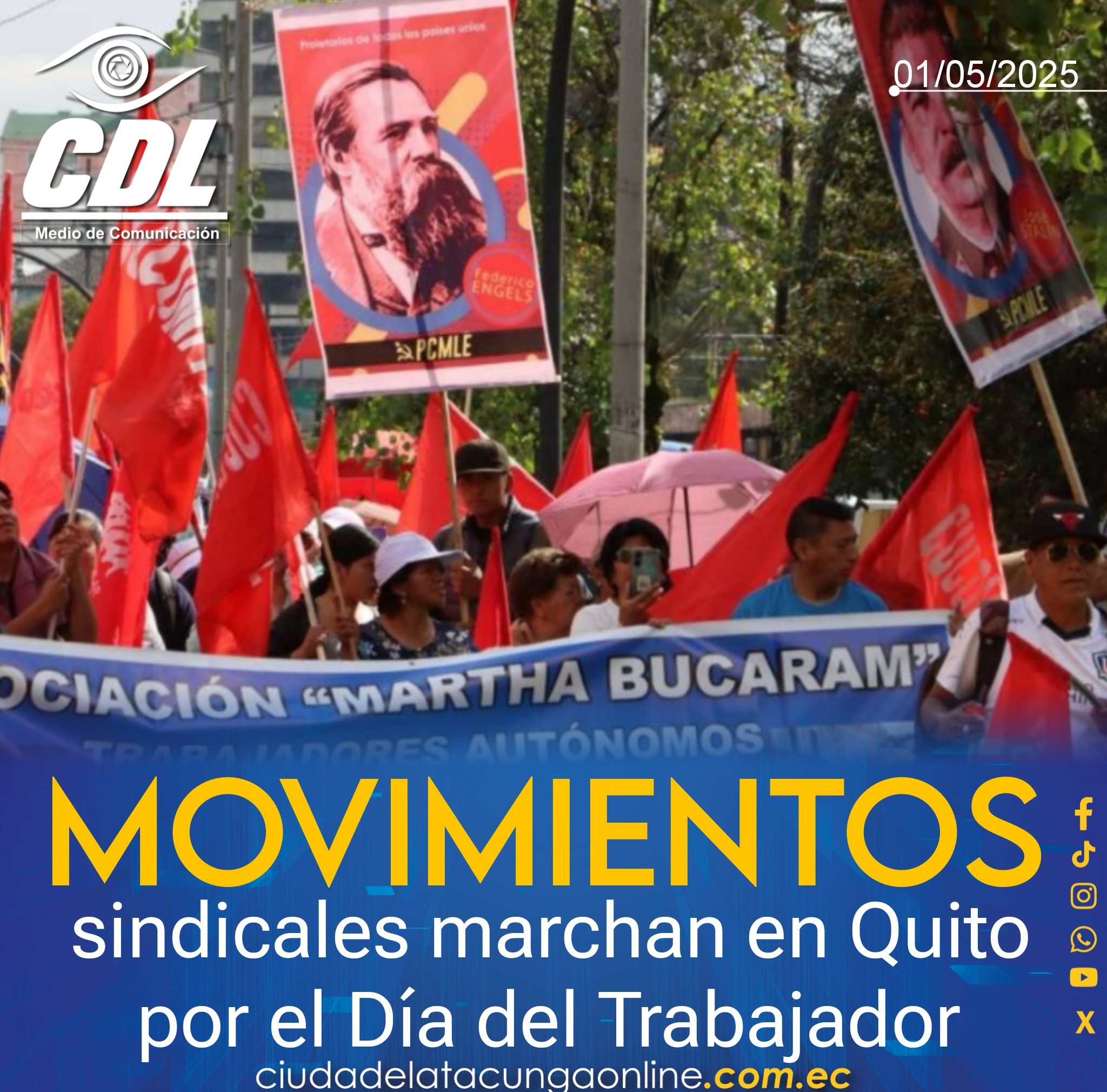 Movimientos sindicales marchan en Quito por el Día del Trabajador