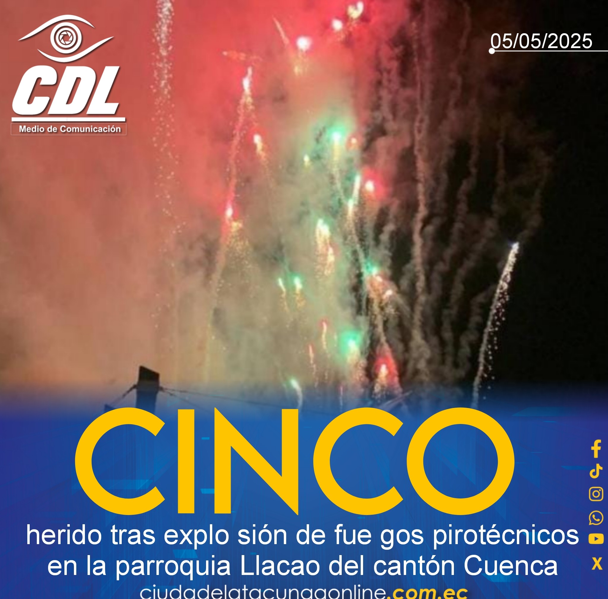 Cinco herido tras explosión de fuegos pirotécnicos en la parroquia Llacao del cantón Cuenca