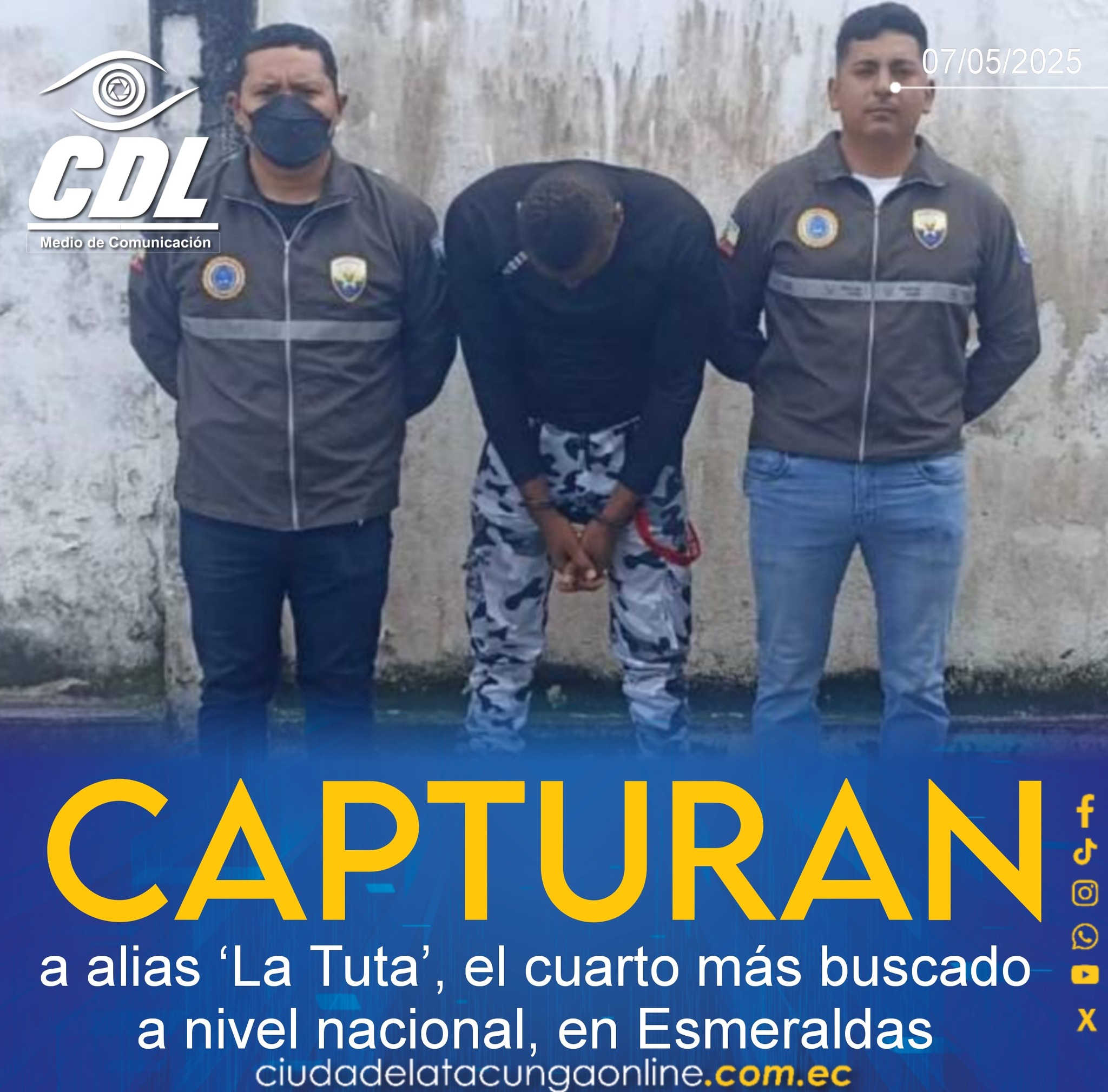 Capturan a alias ‘La Tuta’, el cuarto más buscado a nivel nacional, en Esmeraldas