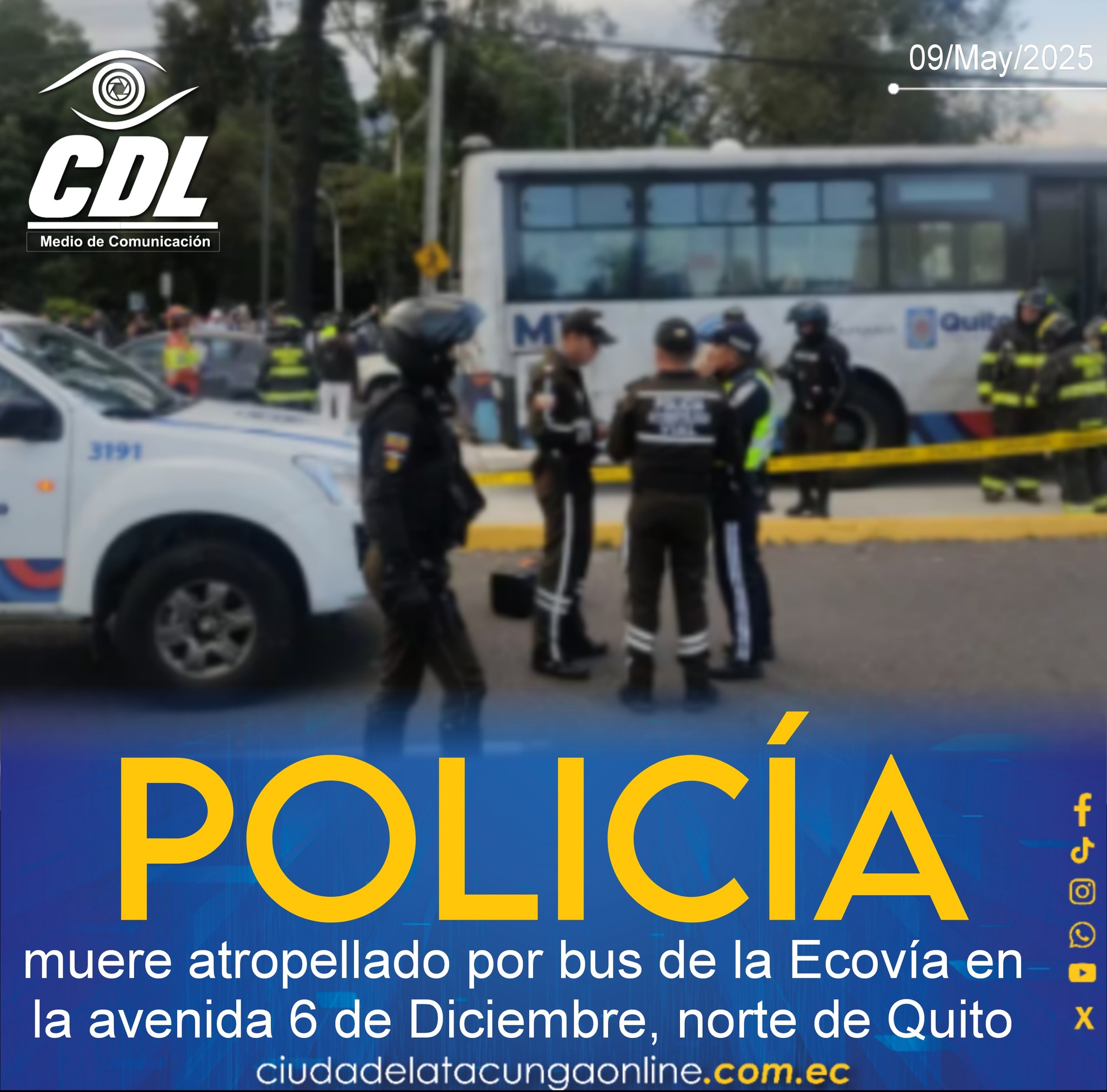 Policía muere atropellado por bus de la Ecovía en la avenida 6 de Diciembre, norte de Quito