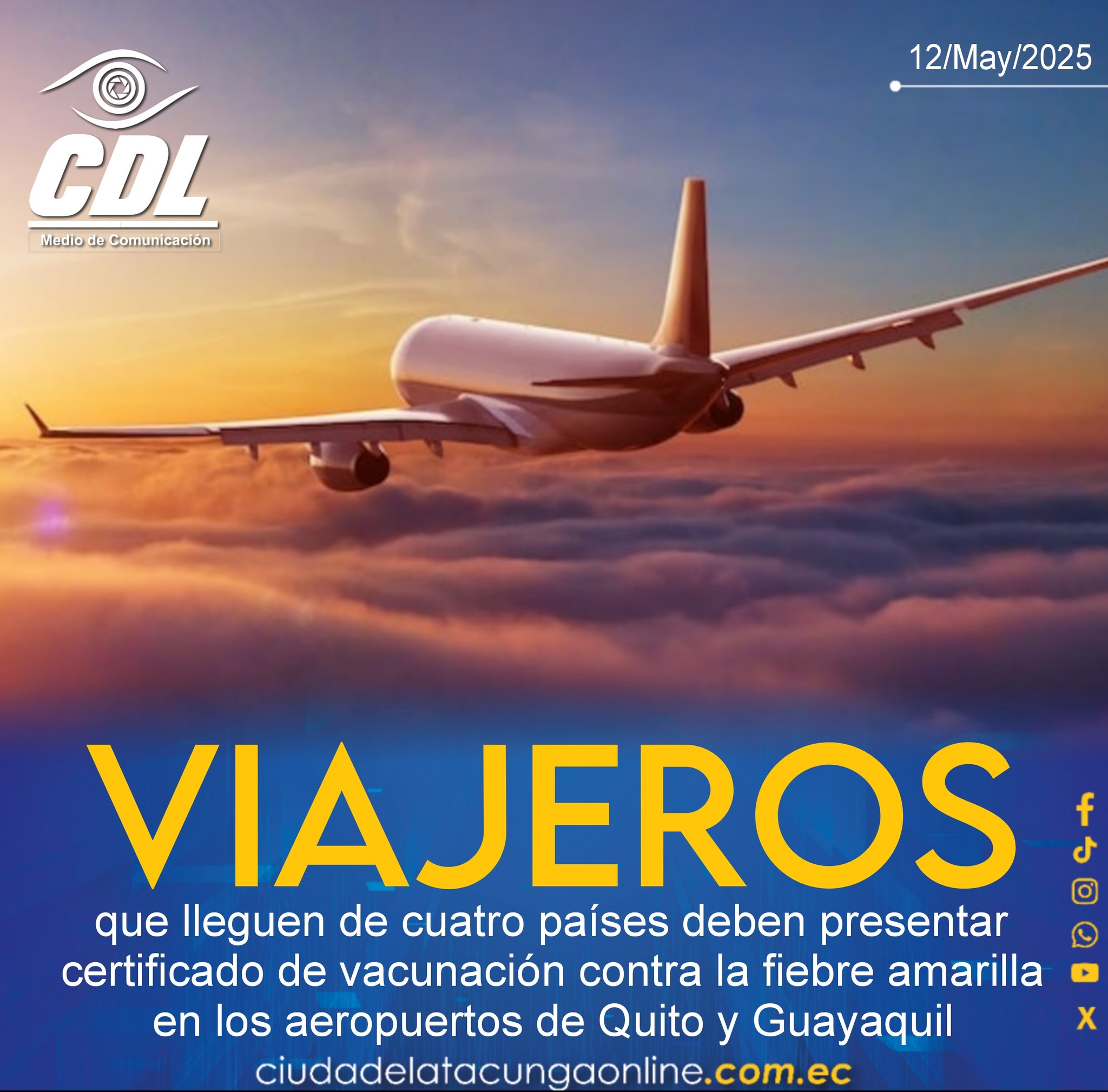 Los viajeros que lleguen de cuatro países deben presentar certificado de vacunación contra la fiebre amarilla en los aeropuertos de Quito y Guayaquil