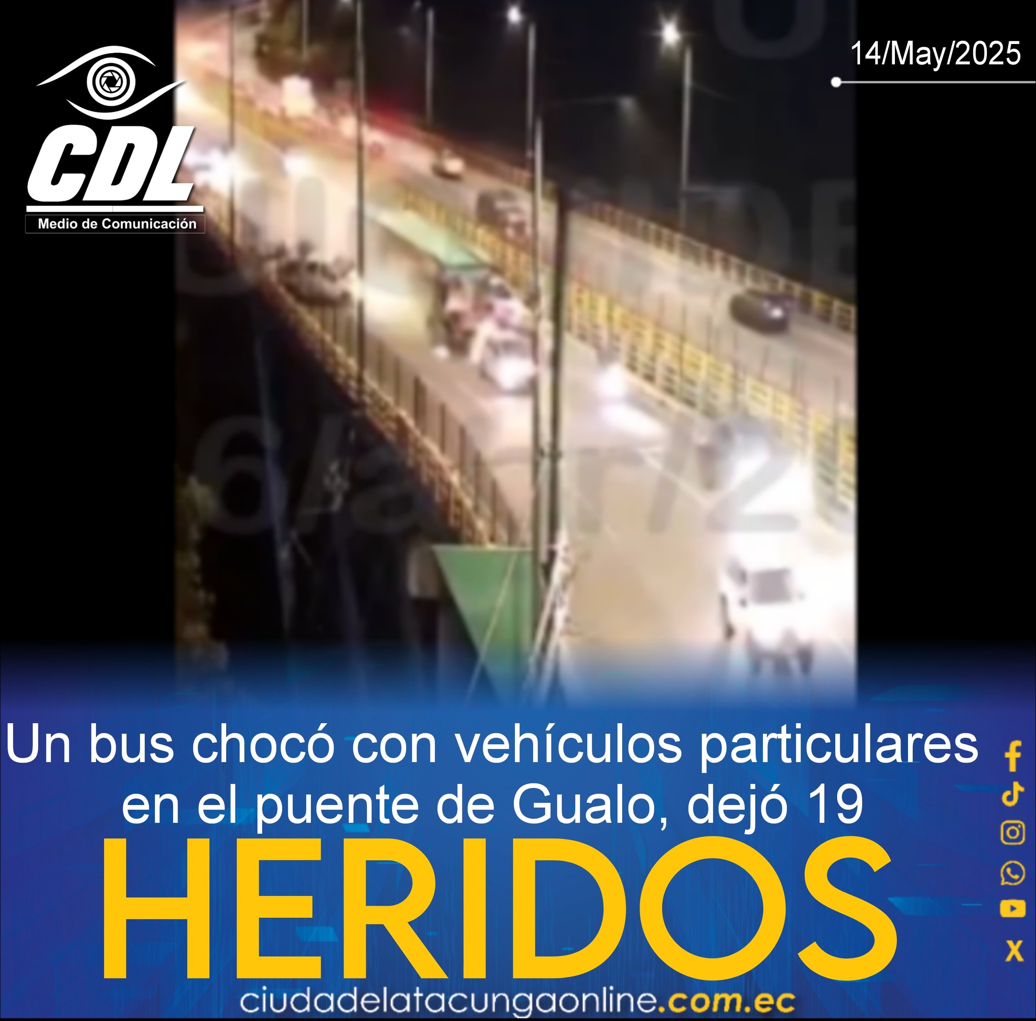 Un bus chocó con vehículos particulares en el puente de Gualo, dejó 19 heridos