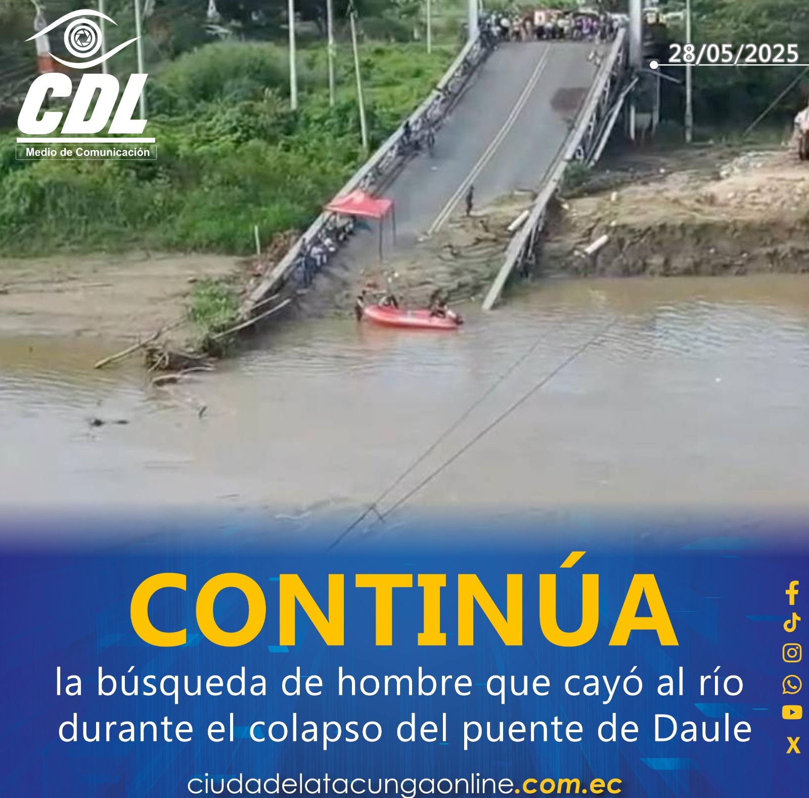 Continúa la búsqueda de hombre que cayó al río durante el colapso del puente de Daule