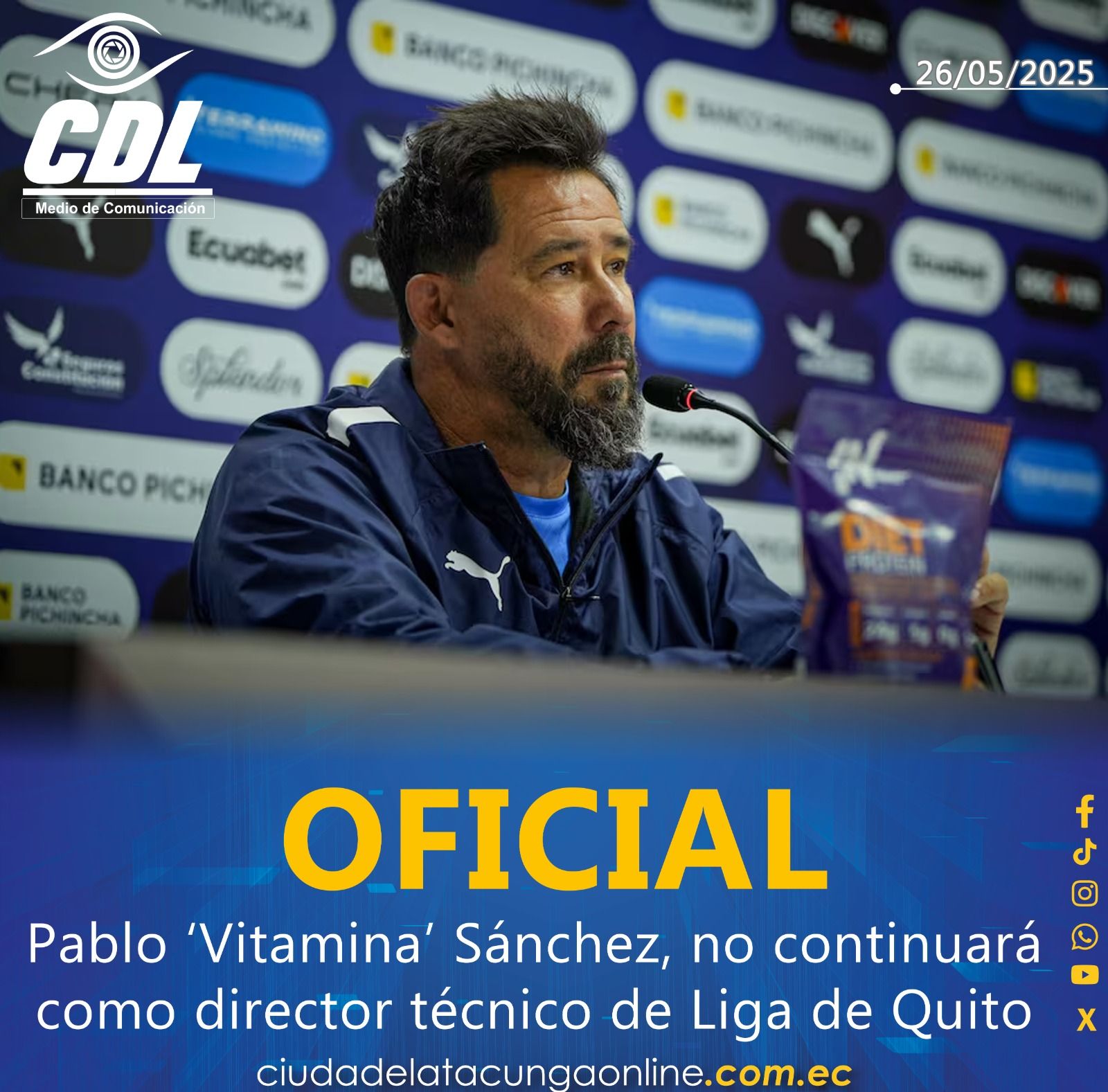 ¡Es oficial! Pablo ‘Vitamina’ Sánchez, no continuará como director técnico de Liga de Quito para lo que resta de 2025