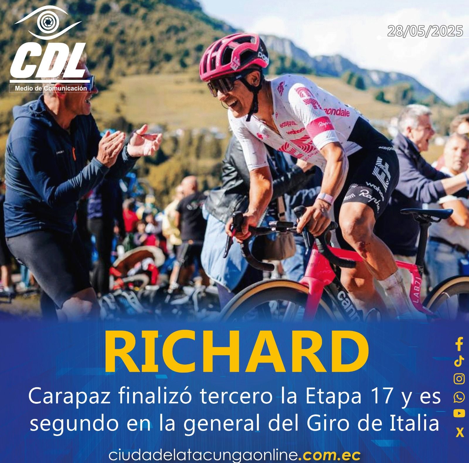 Richard Carapaz finalizó tercero la Etapa 17 y es segundo en la general del Giro de Italia
