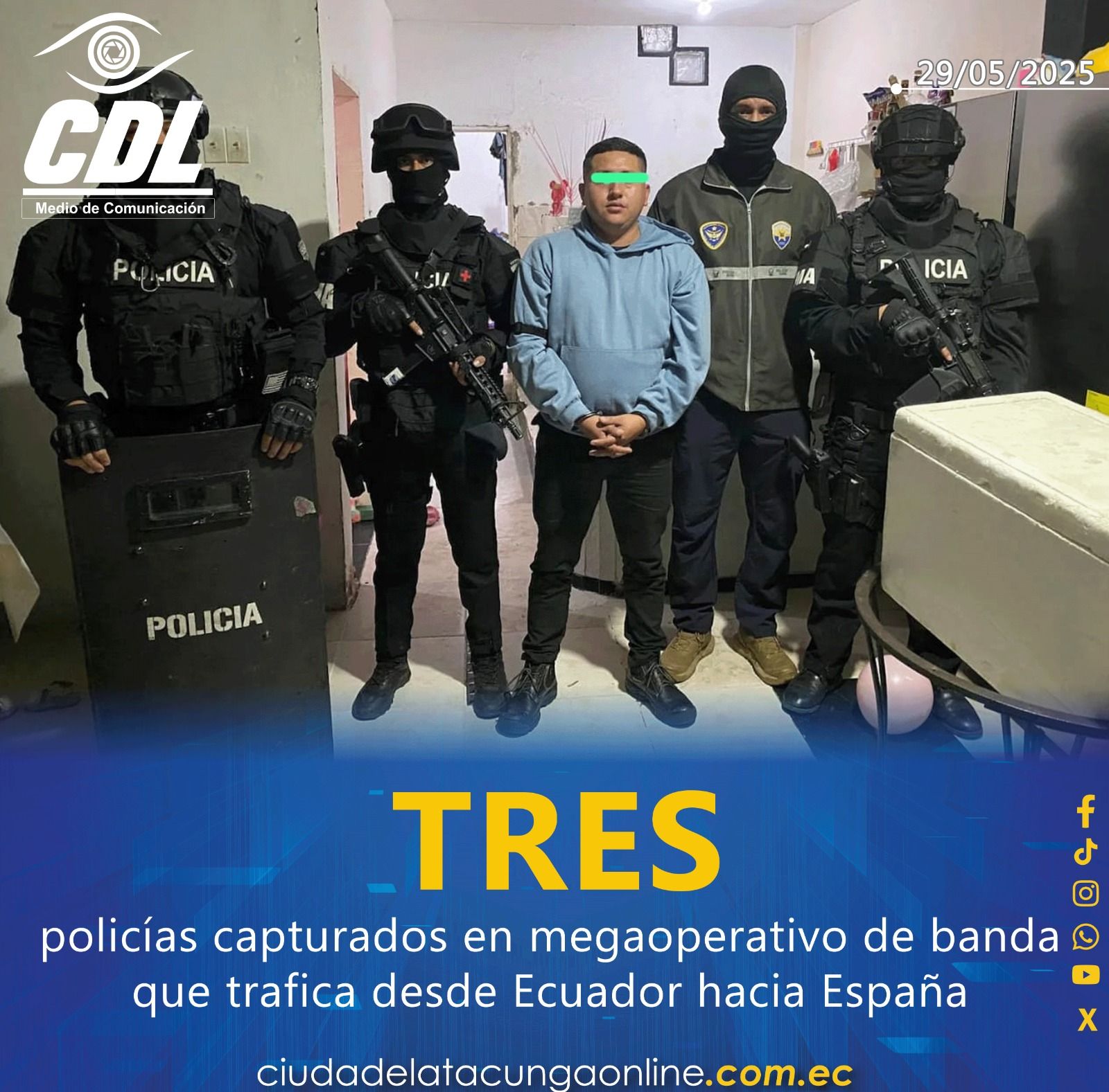 Tres policías capturados en megaoperativo de banda que trafica desde Ecuador hacia España