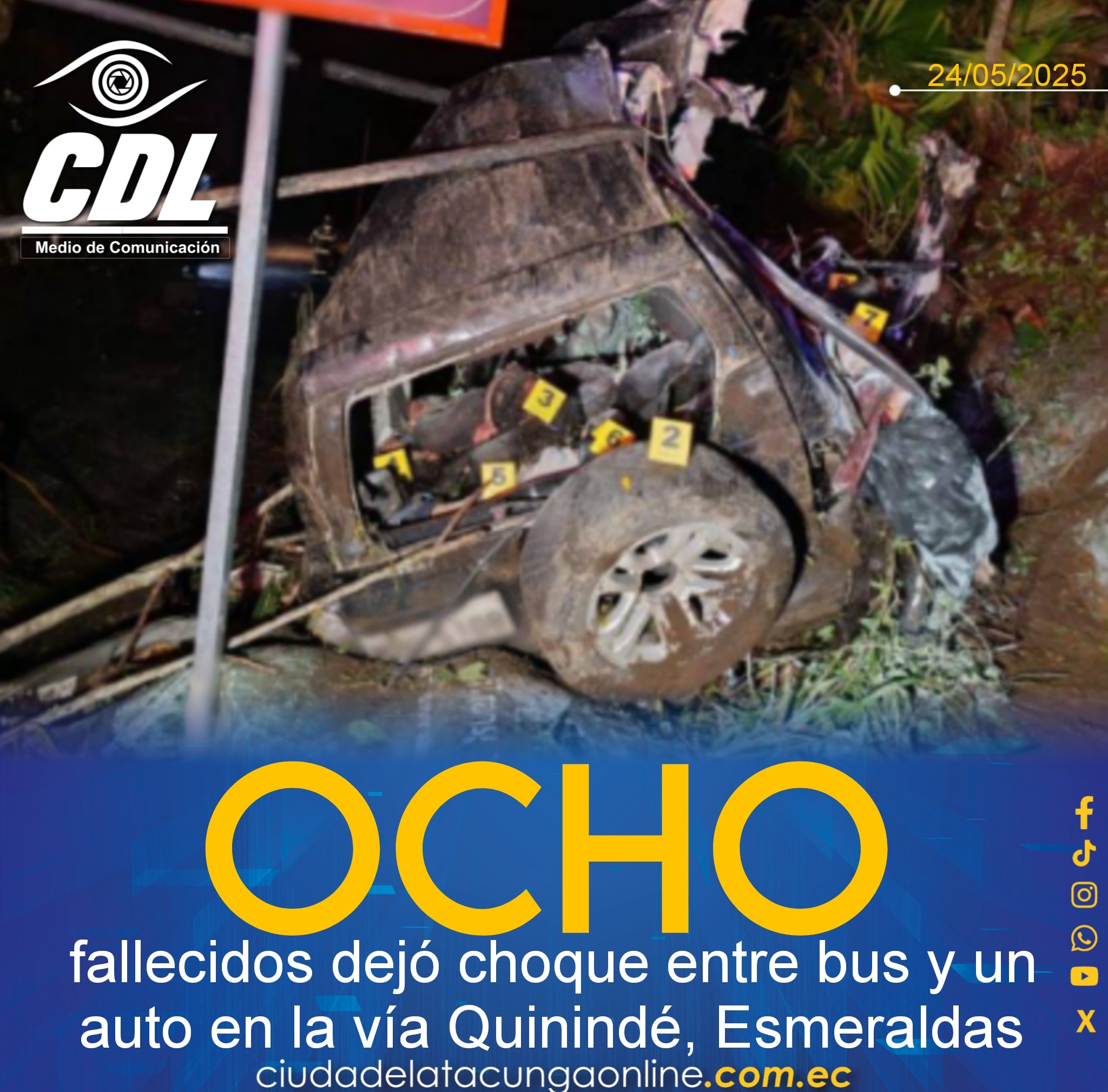 Ocho fallecidos dejó choque entre bus y un auto en la vía Quinindé, Esmeraldas