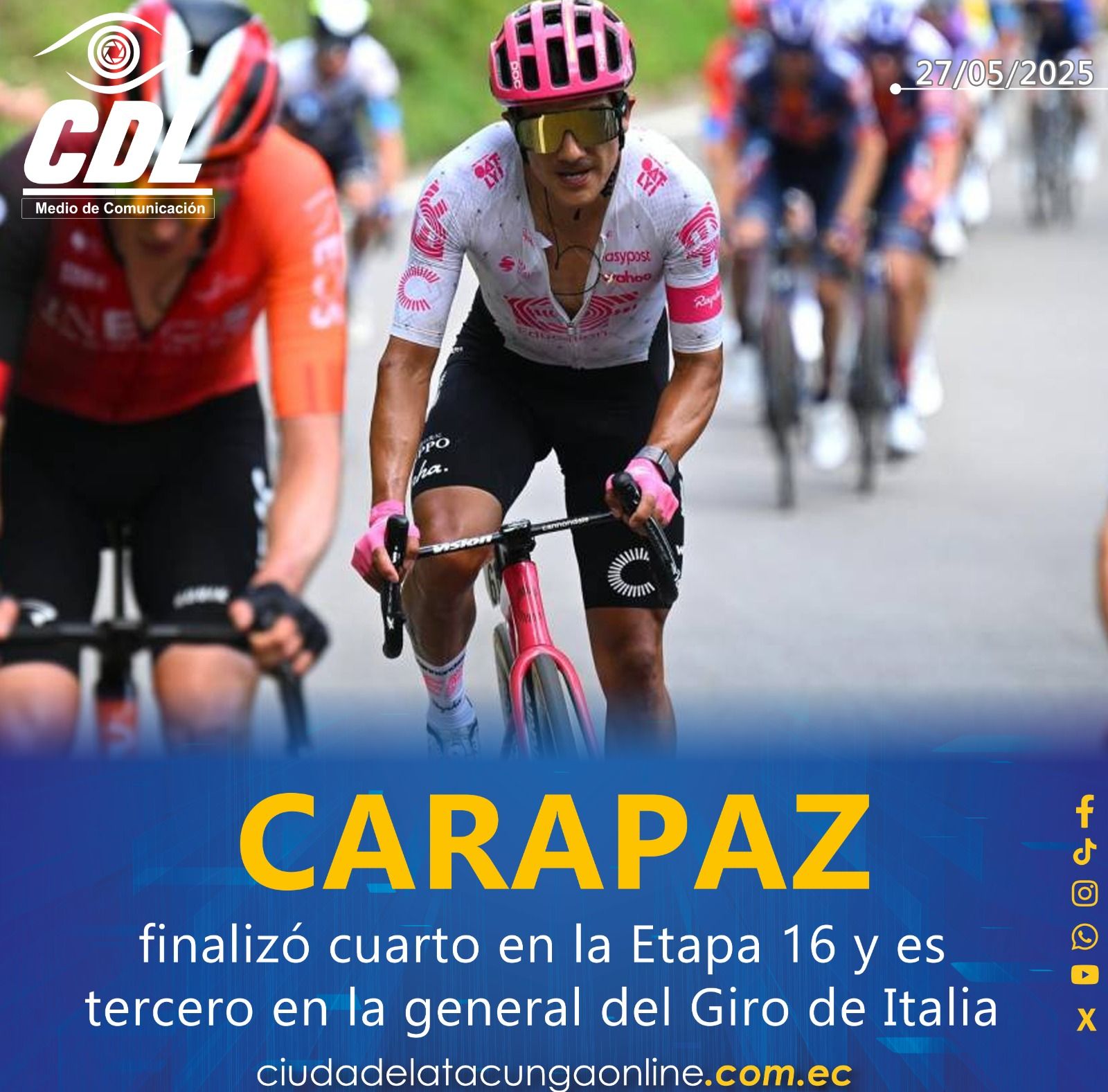 Richard Carapaz finalizó cuarto en la Etapa 16 y es tercero en la general del Giro de Italia