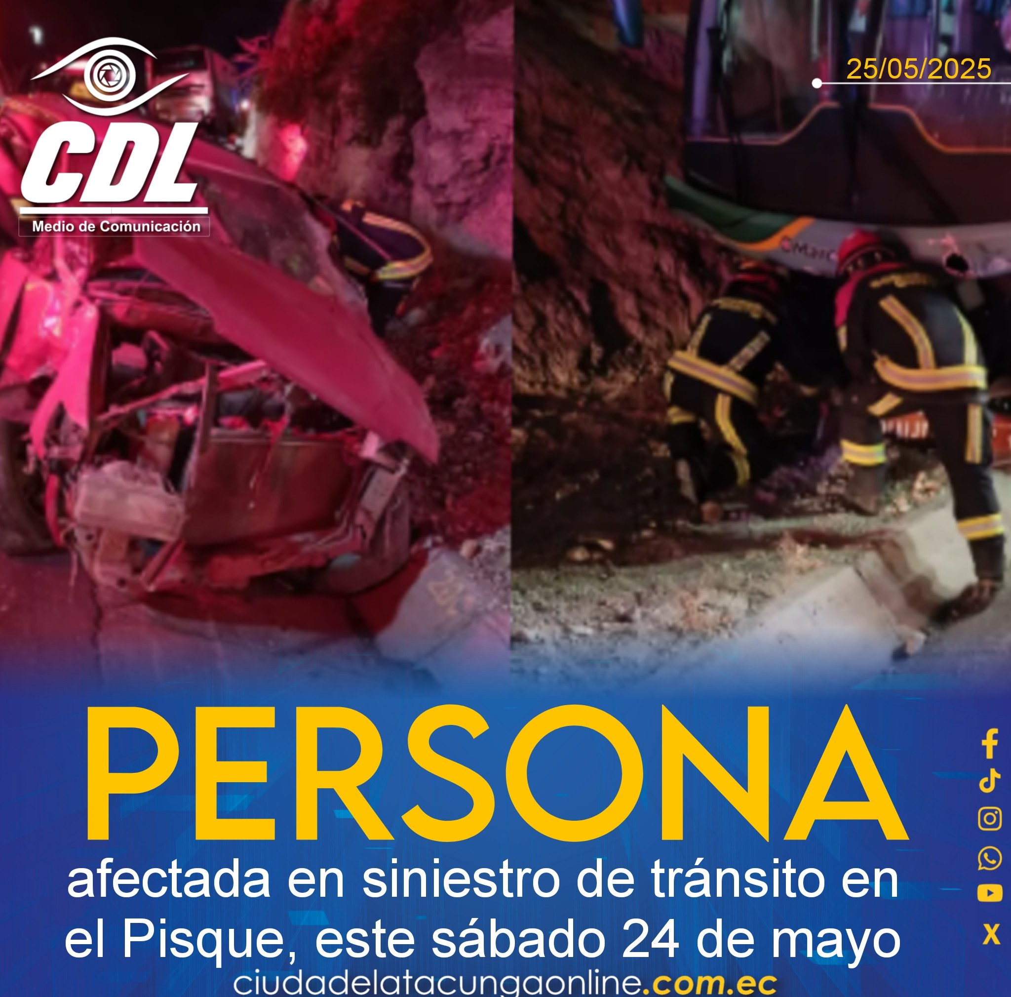 Una persona afectada en siniestro de tránsito en el Pisque, este sábado 24 de mayo