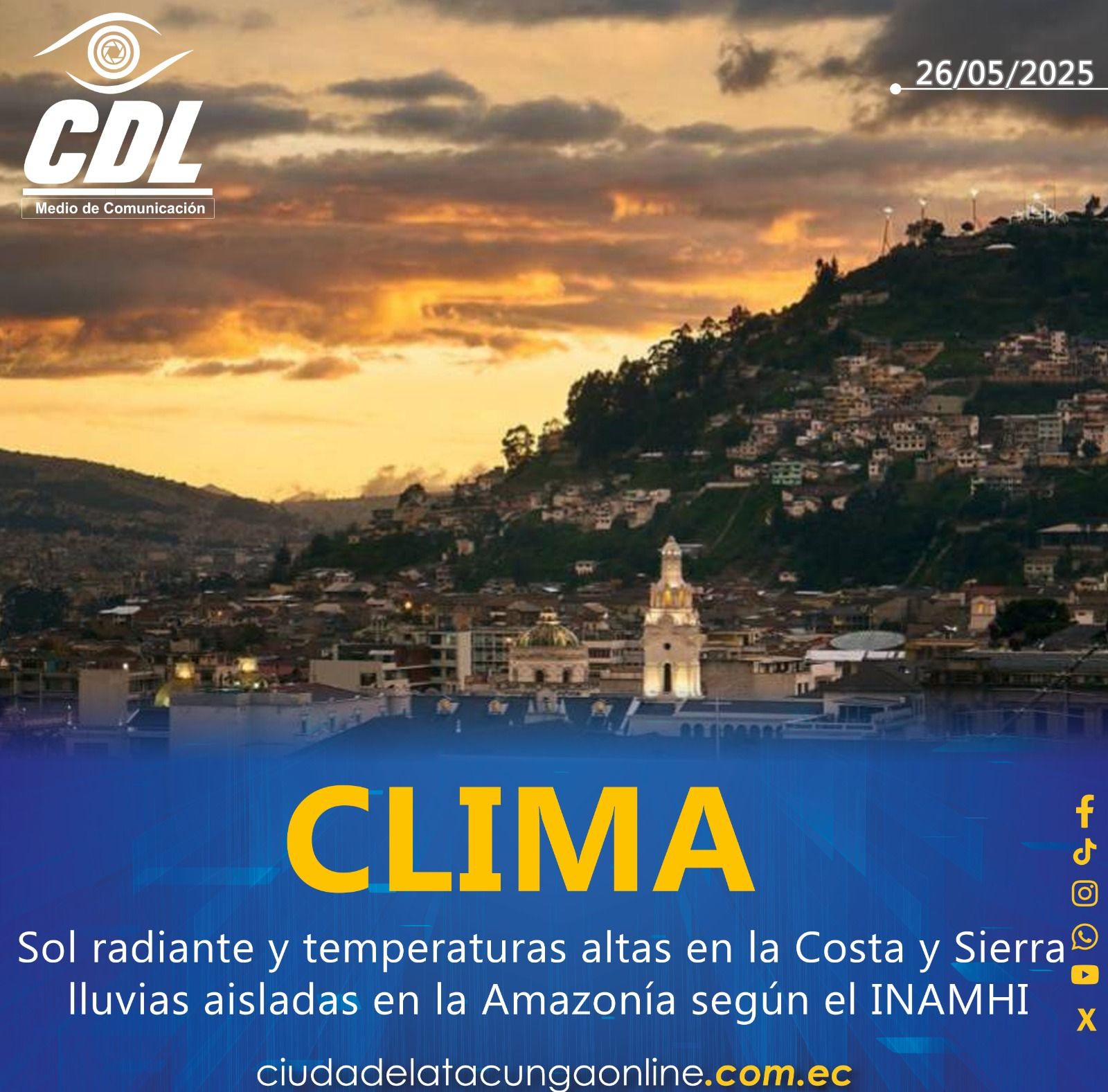 Clima: Sol radiante y temperaturas altas en la Costa y Sierra; lluvias aisladas en la Amazonía según el INAMHI