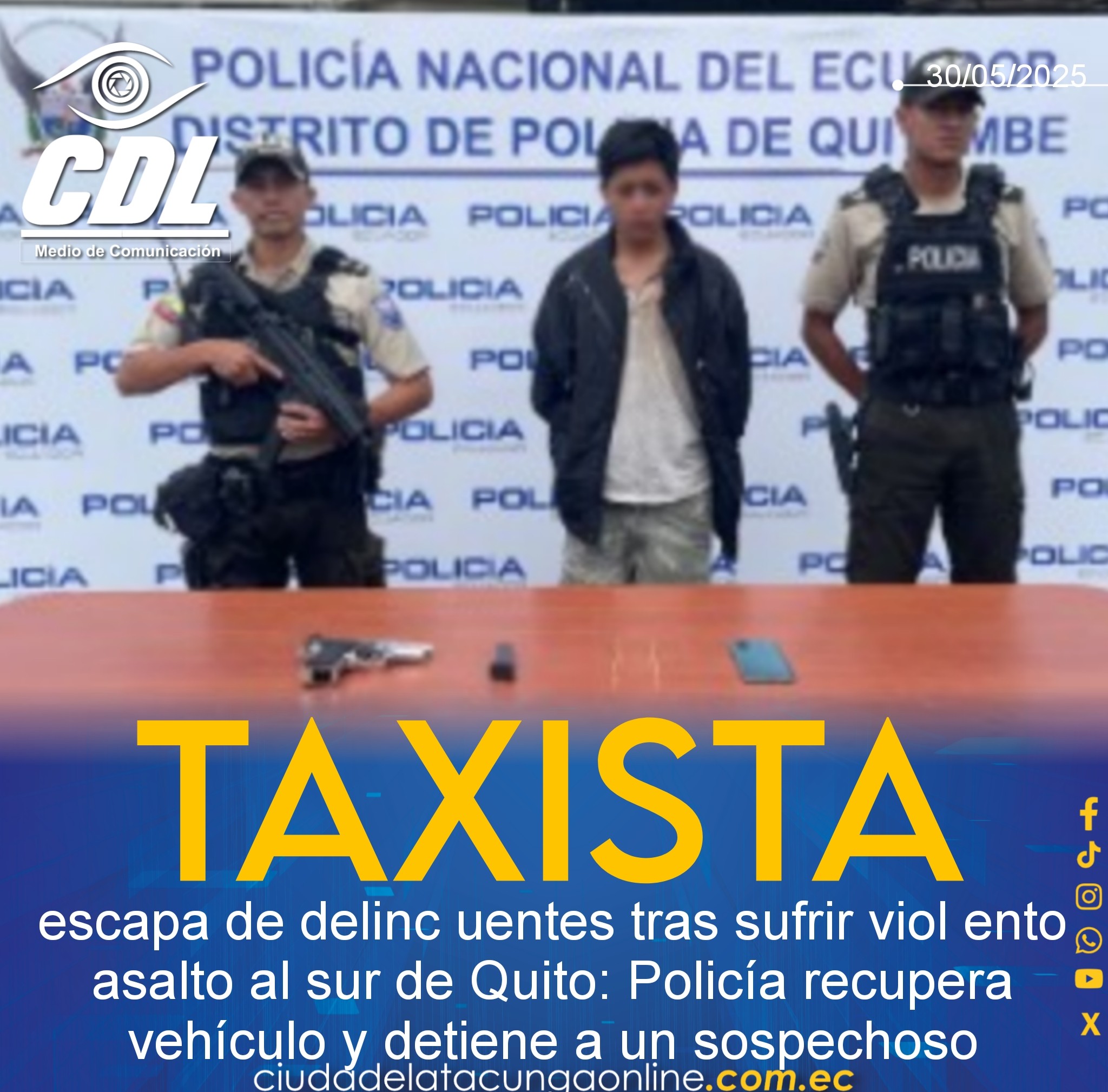 Taxista escapa de delinc uentes tras sufrir viol ento asalto al sur de Quito: Policía recupera vehículo y detiene a un sospechoso