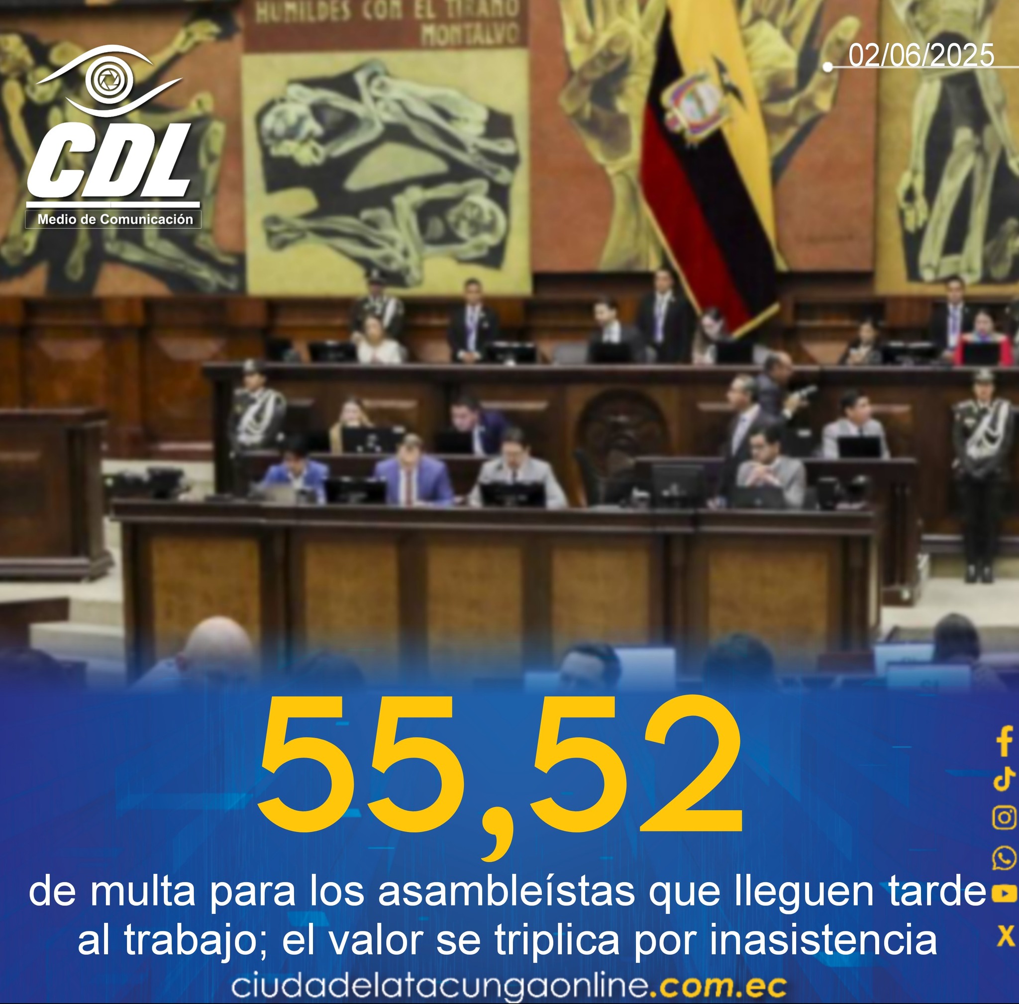 USD 55,52 de multa para los asambleístas que lleguen tarde al trabajo; el valor se triplica por inasistencia