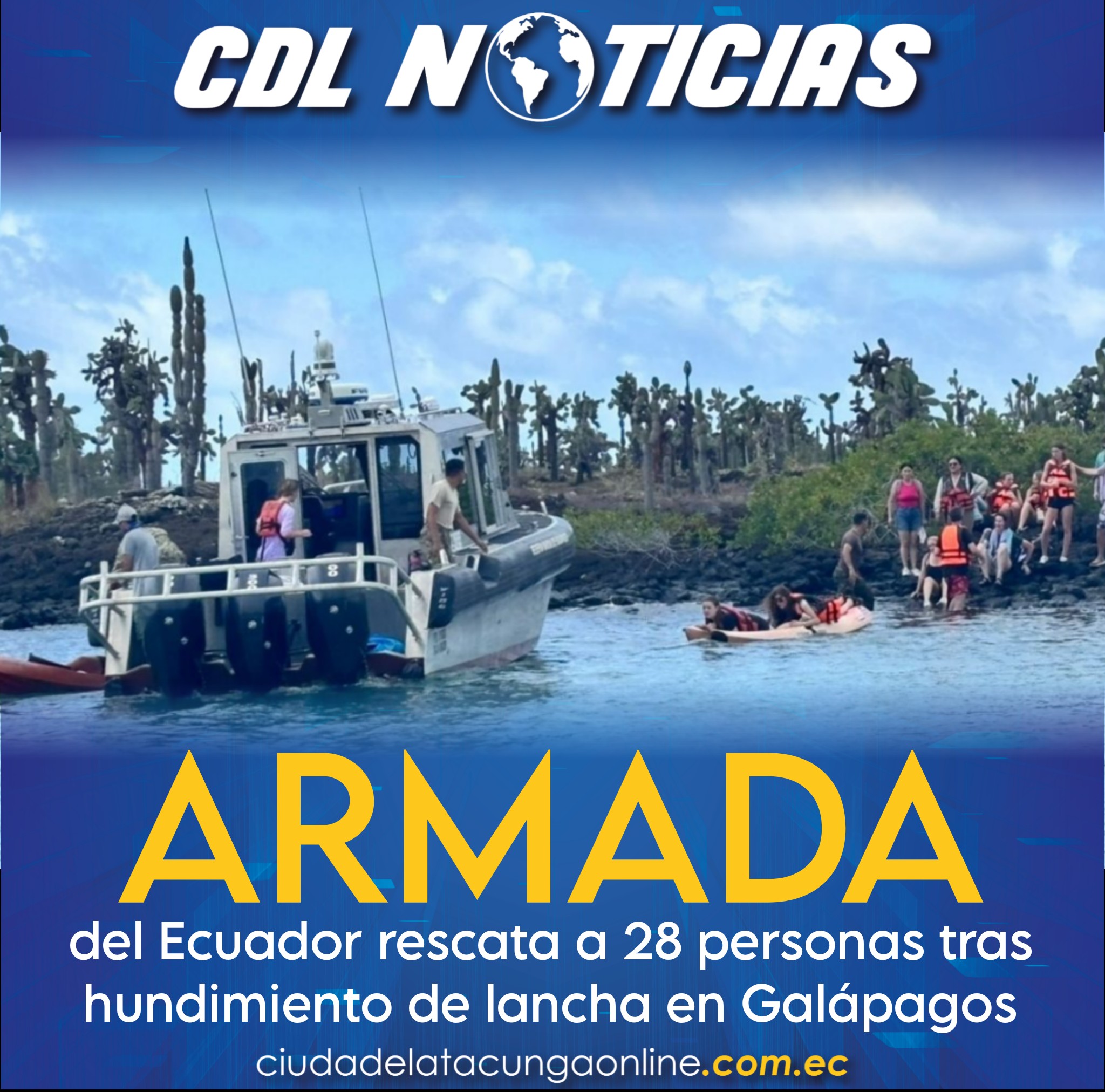 Armada del Ecuador rescata a 28 personas tras hundimiento de lancha en Galápagos