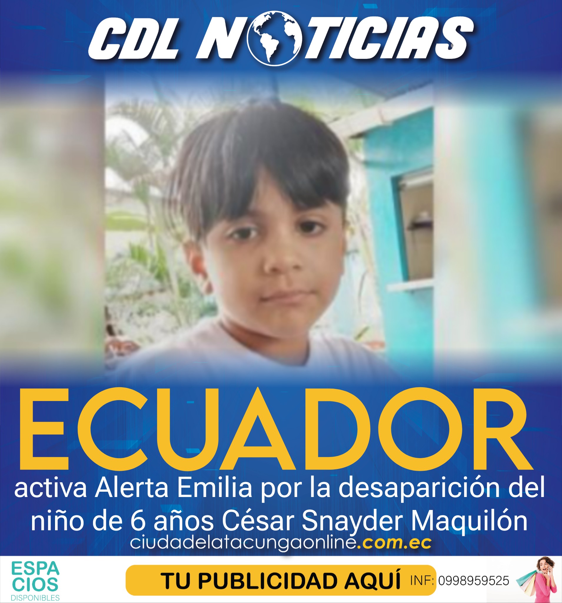 Ecuador activa Alerta Emilia por la desaparición del niño de 6 años César Snayder Maquilón