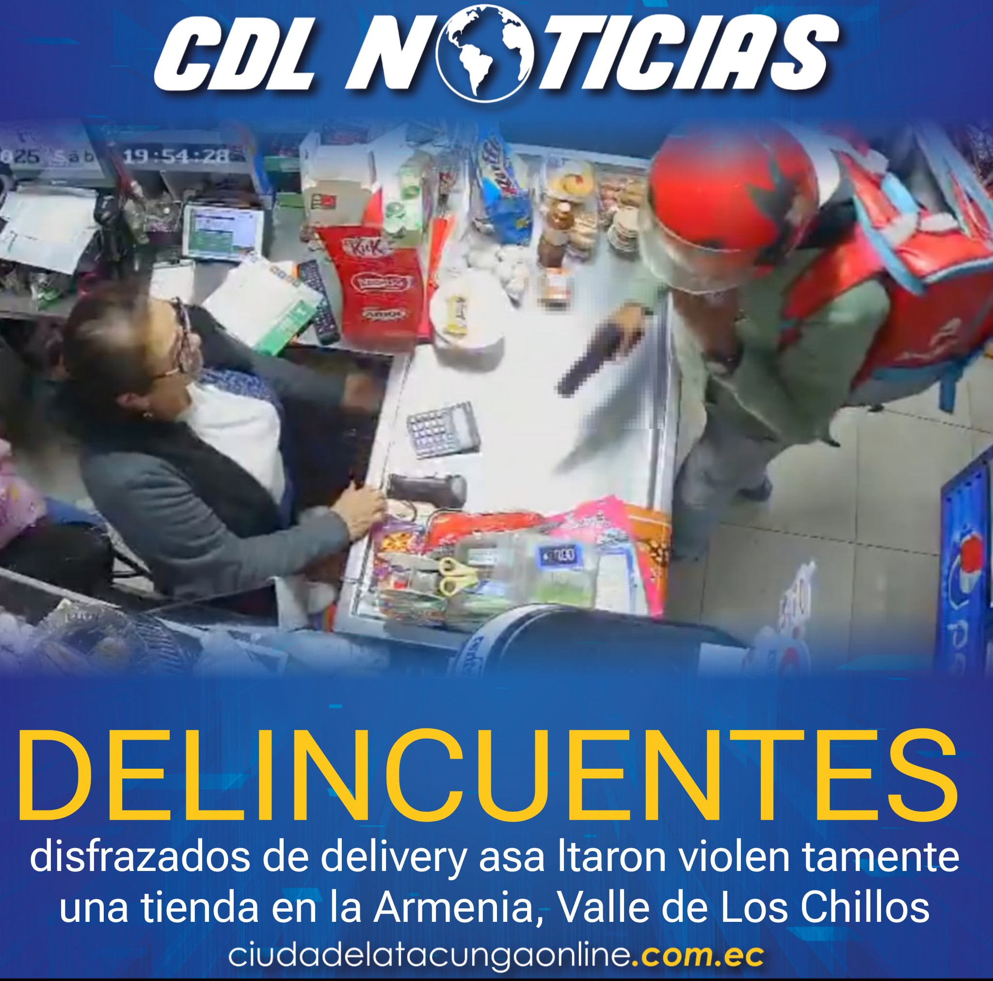 Delincuentes disfrazados de delivery asa ltaron violen tamente una tienda en la Armenia, Valle de Los Chillos