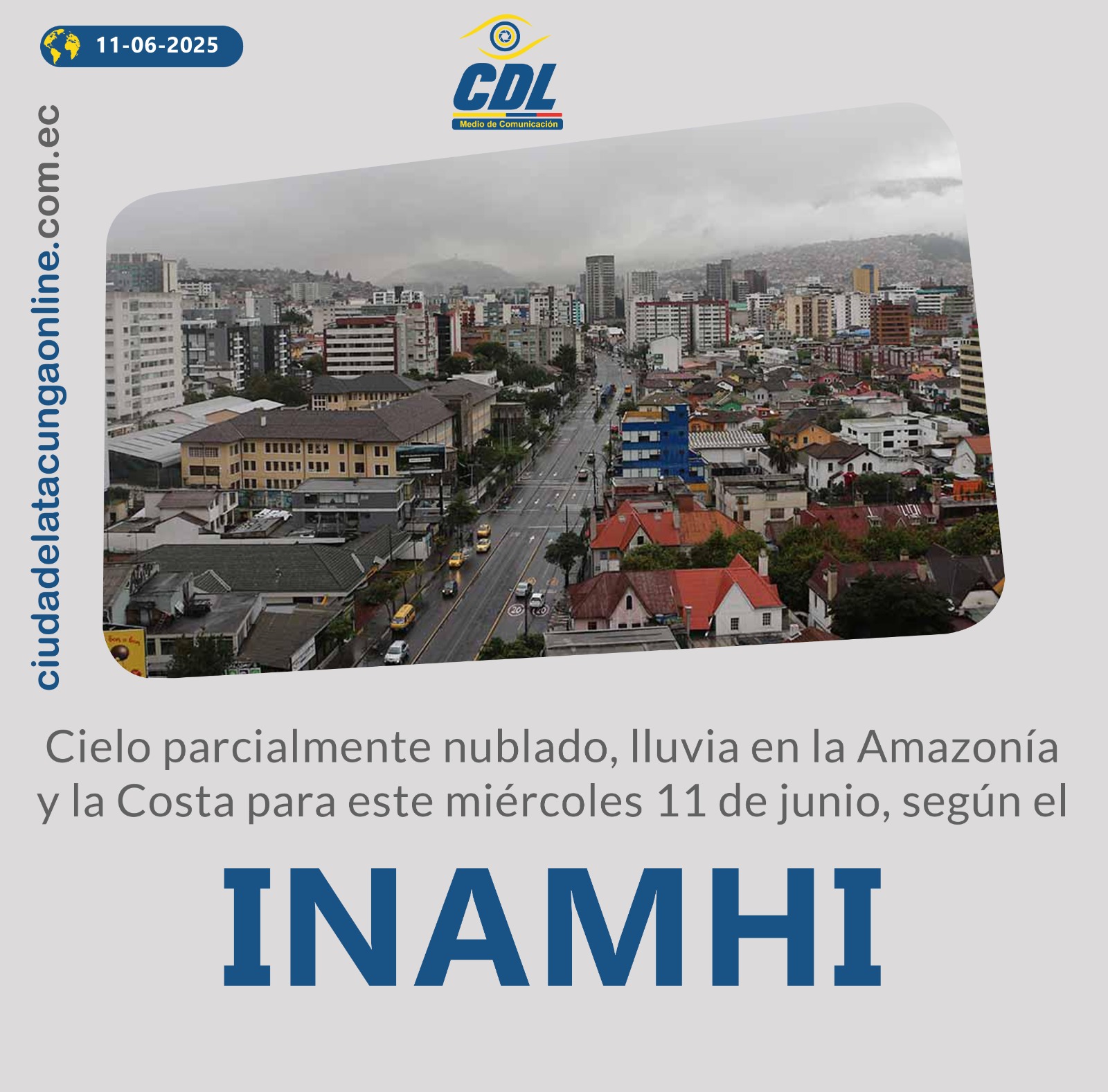 Clima: Cielo parcialmente nublado, lluvia en la Amazonía y la Costa para este miércoles 11 de junio, según el INAMHI