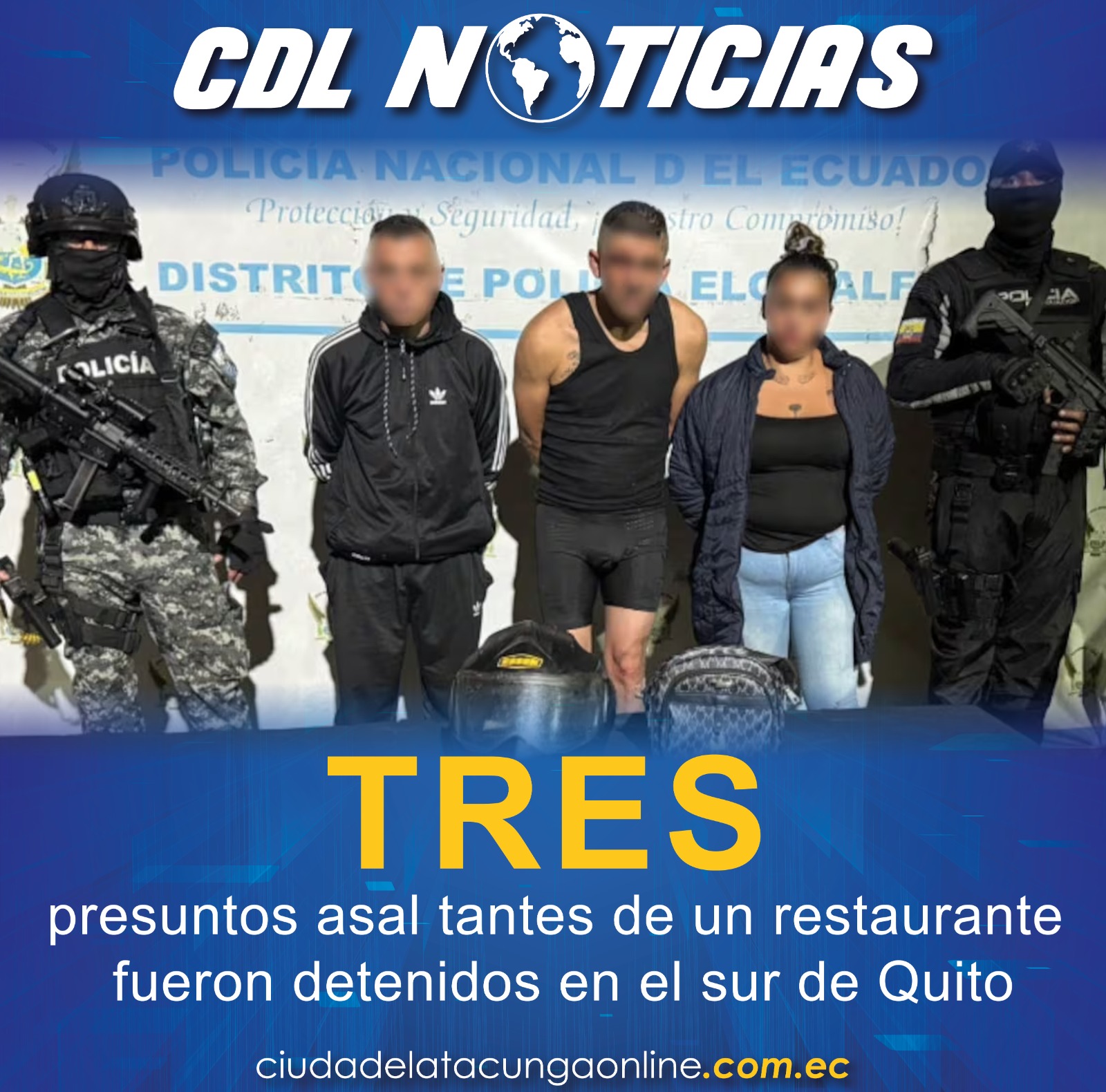 Tres presuntos asaltantes de un restaurante fueron detenidos en el sur de Quito
