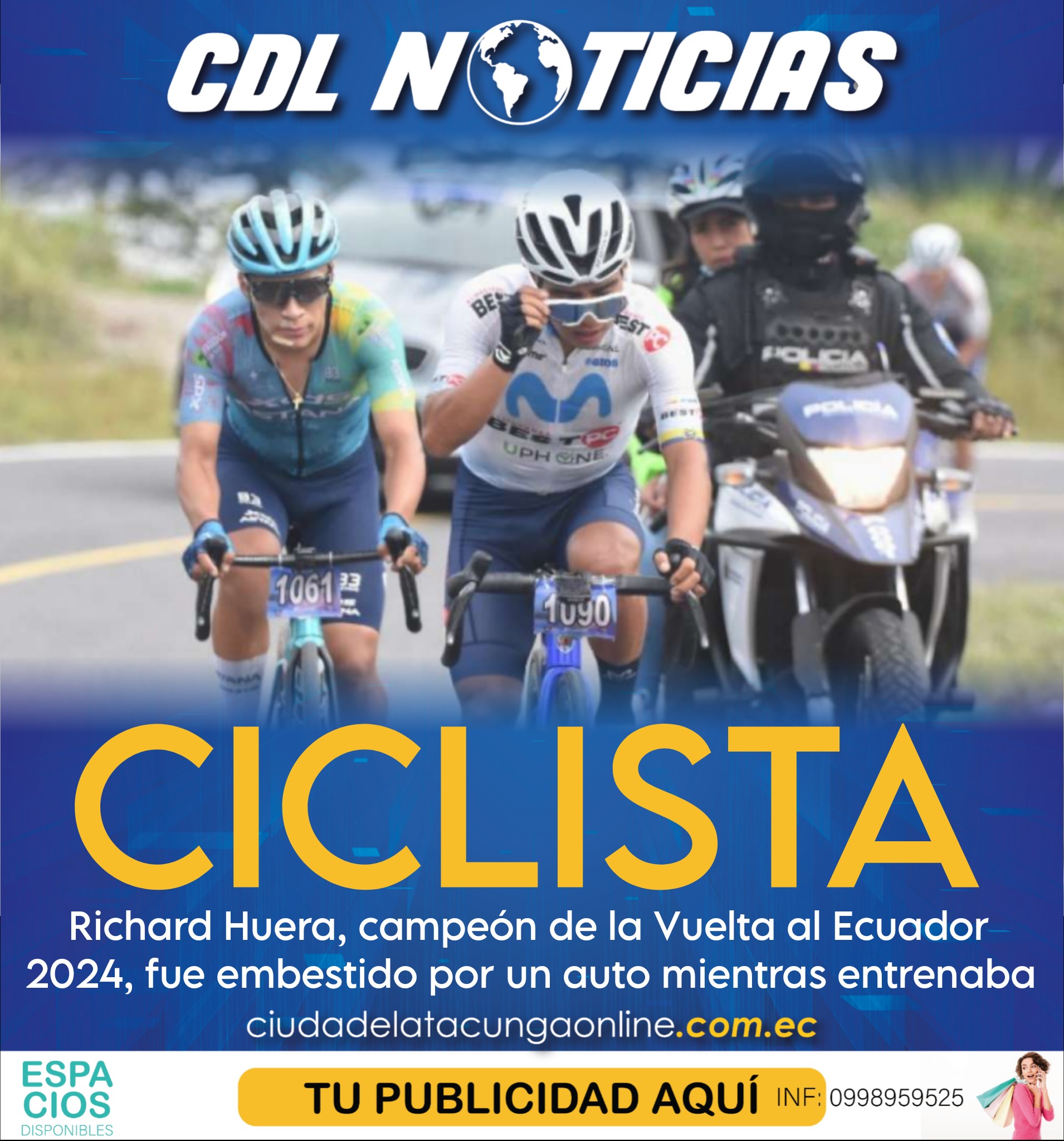 El ciclista Richard Huera, campeón de la Vuelta al Ecuador 2024, fue embestido por un auto mientras entrenaba