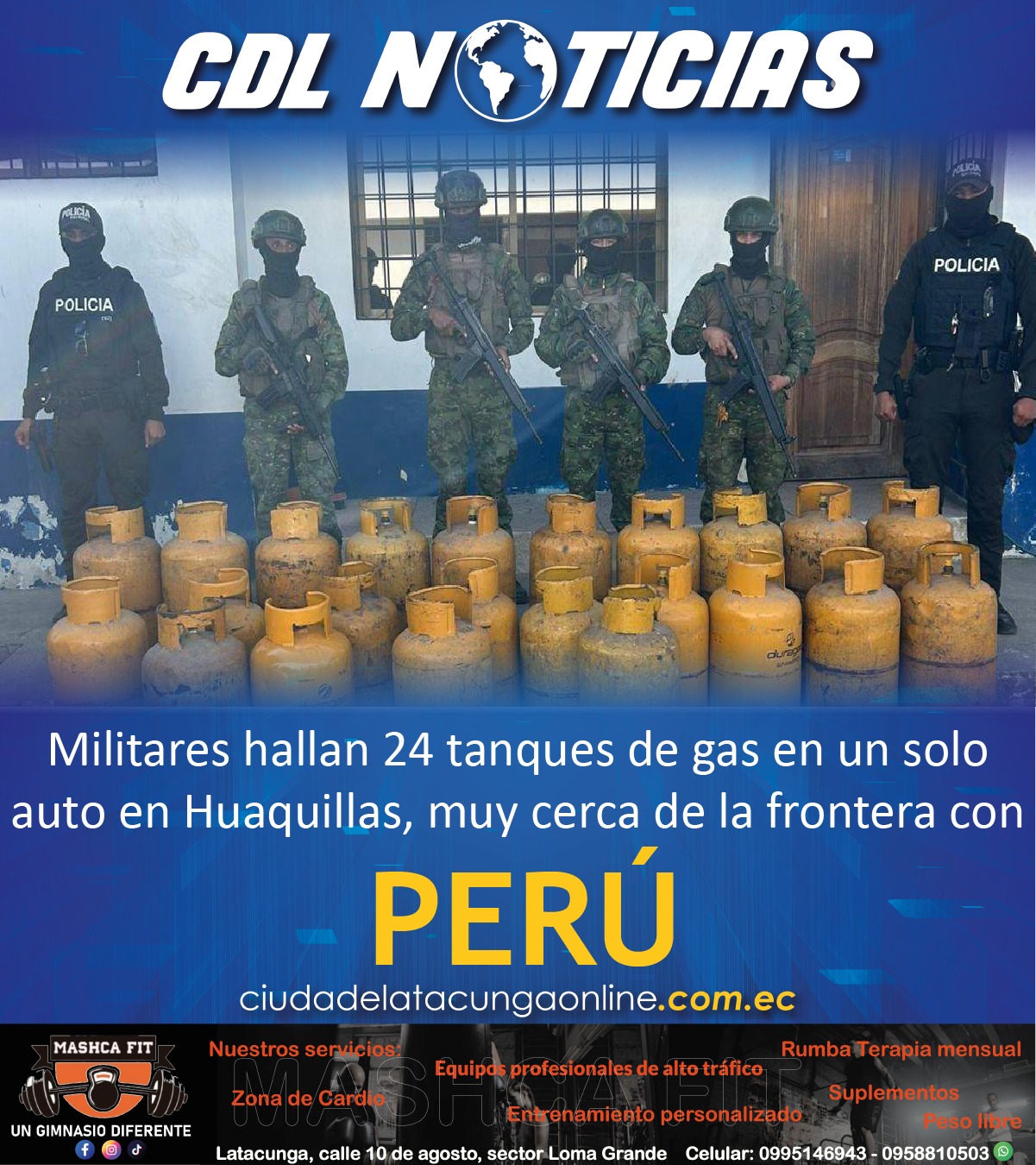 Militares hallan 24 tanques de gas en un solo auto en Huaquillas, muy cerca de la frontera con Perú
