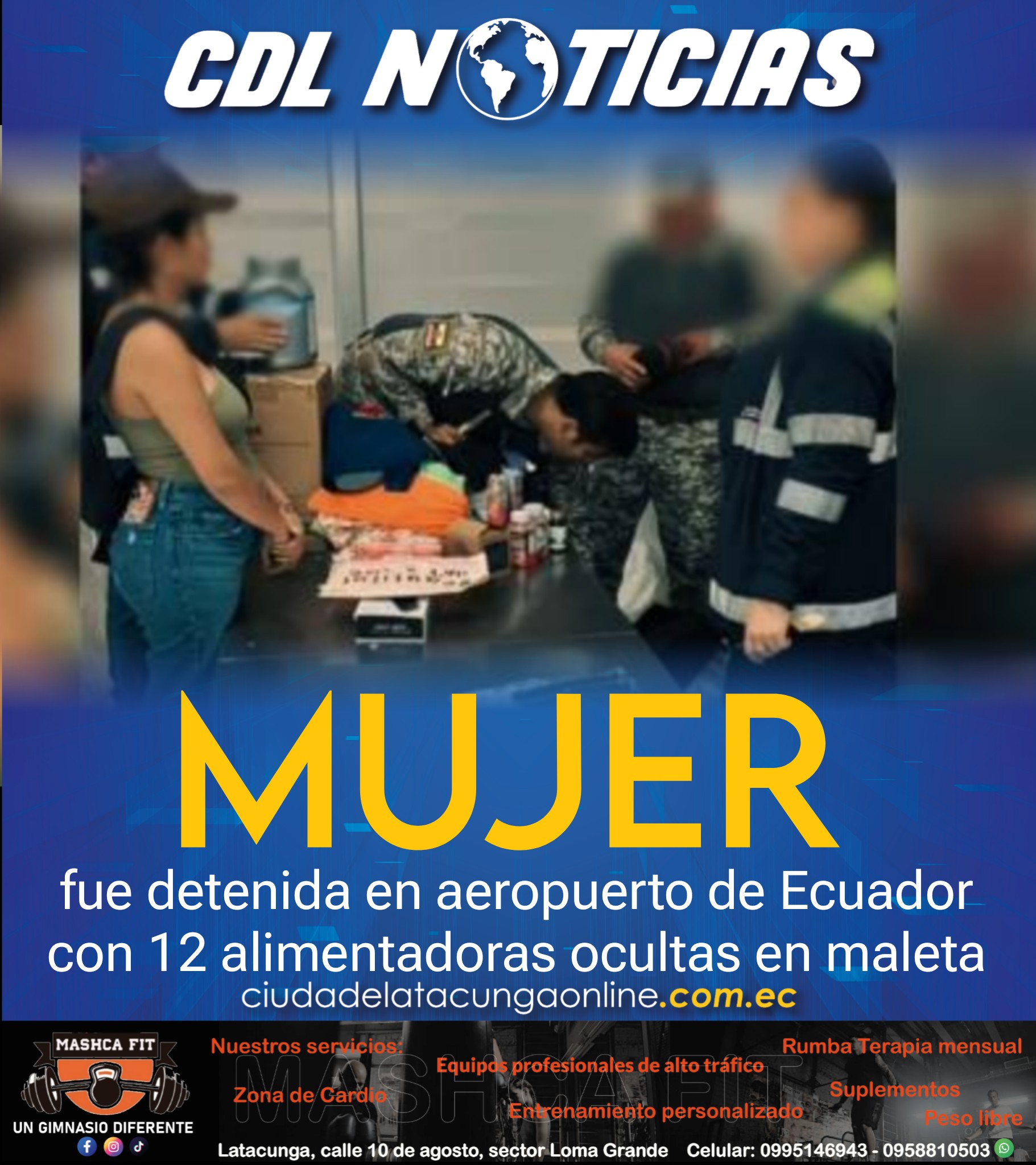 Una mujer fue detenida en aeropuerto de Ecuador con 12 alimentadoras ocultas en maleta