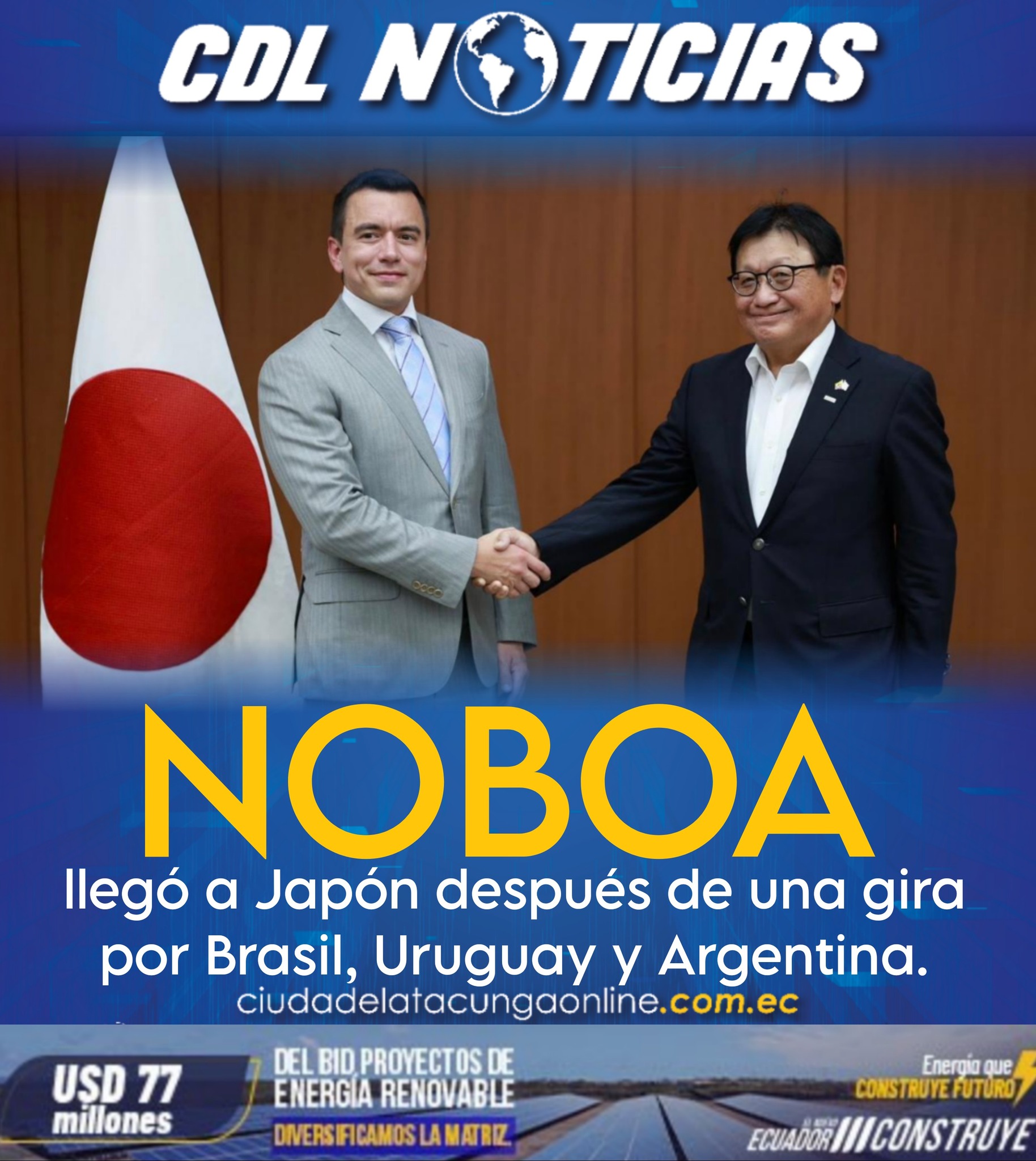 El presidente ecuatoriano Daniel Noboa llegó a Japón después de una gira por Brasil, Uruguay y Argentina.
