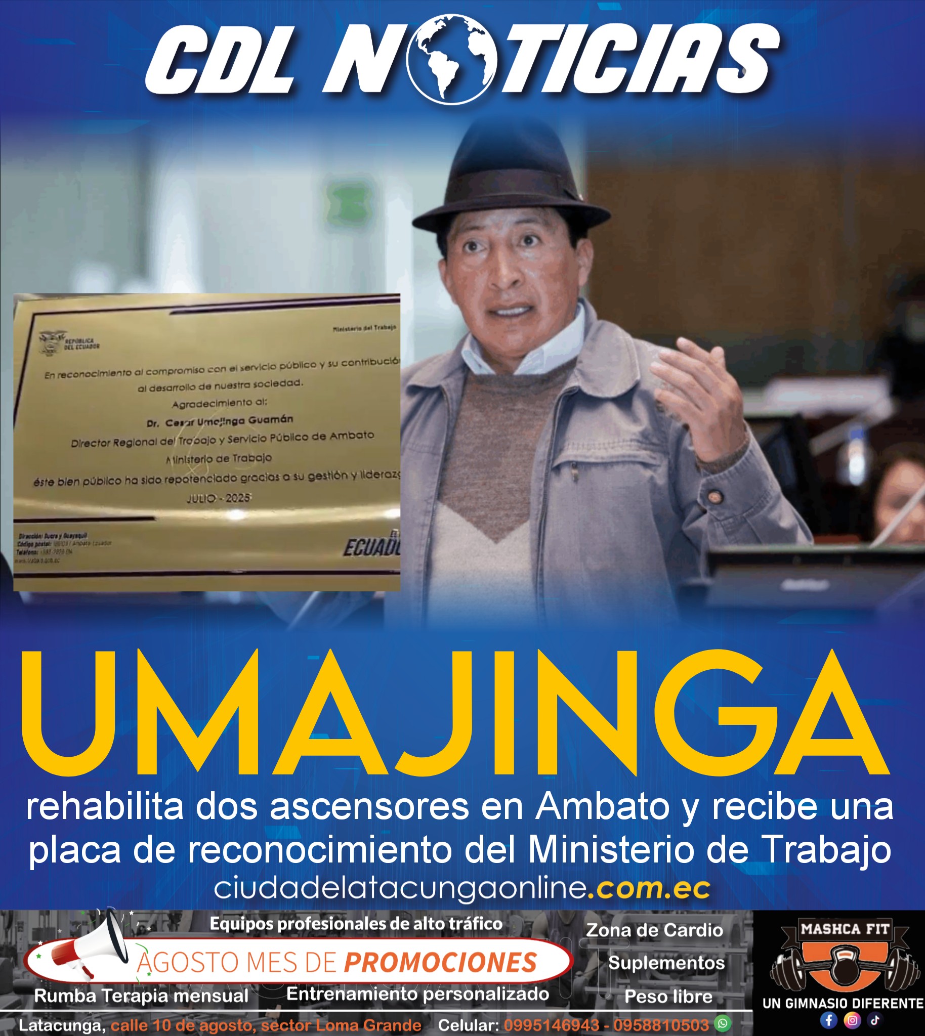 César Umajinga rehabilita dos ascensores en Ambato y recibe una placa de reconocimiento delMinisterio de Trabajo