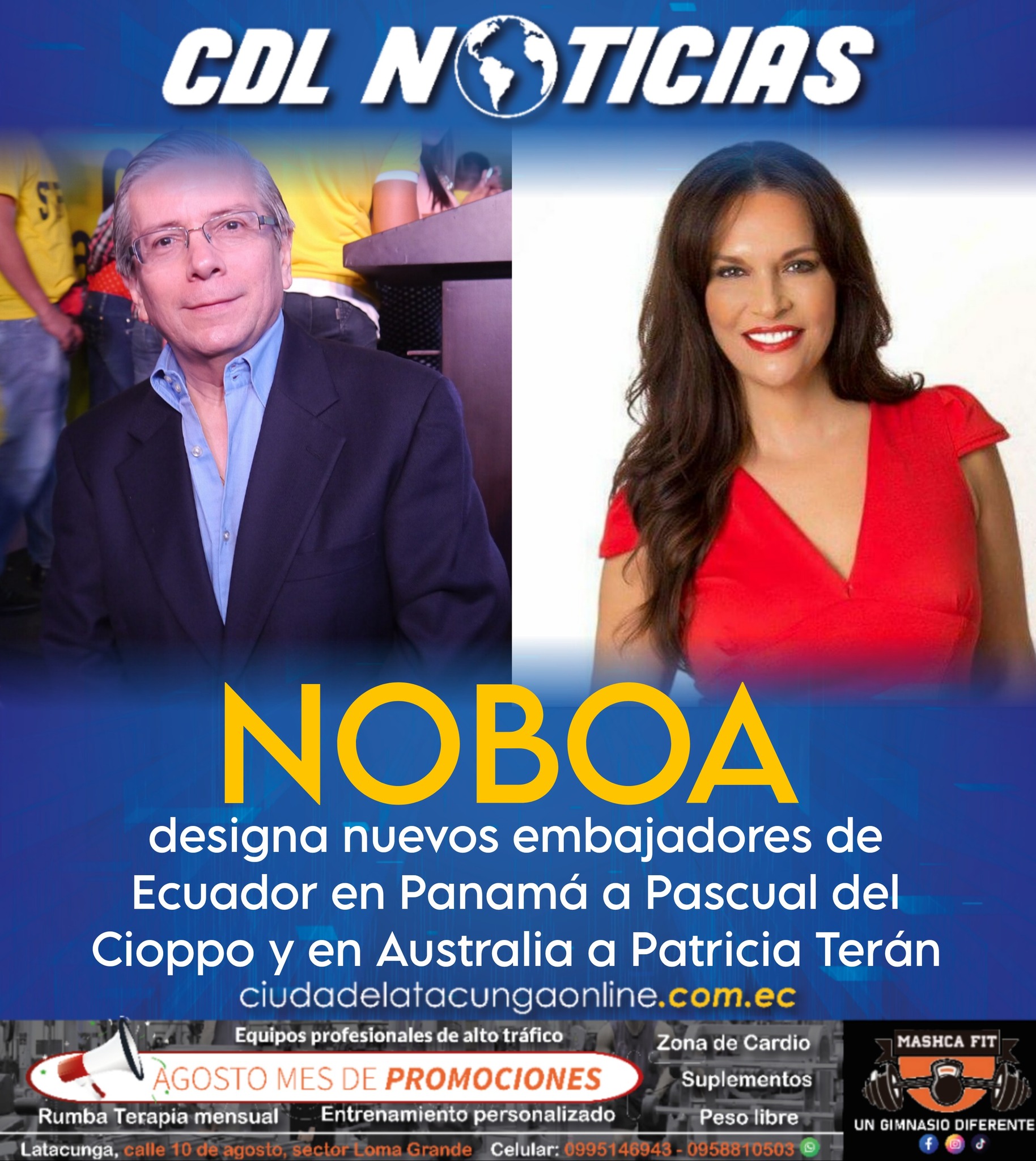 Noboa designa nuevos embajadores de Ecuador en Panamá a Pascual del Cioppo y en Australia a Patricia Terán