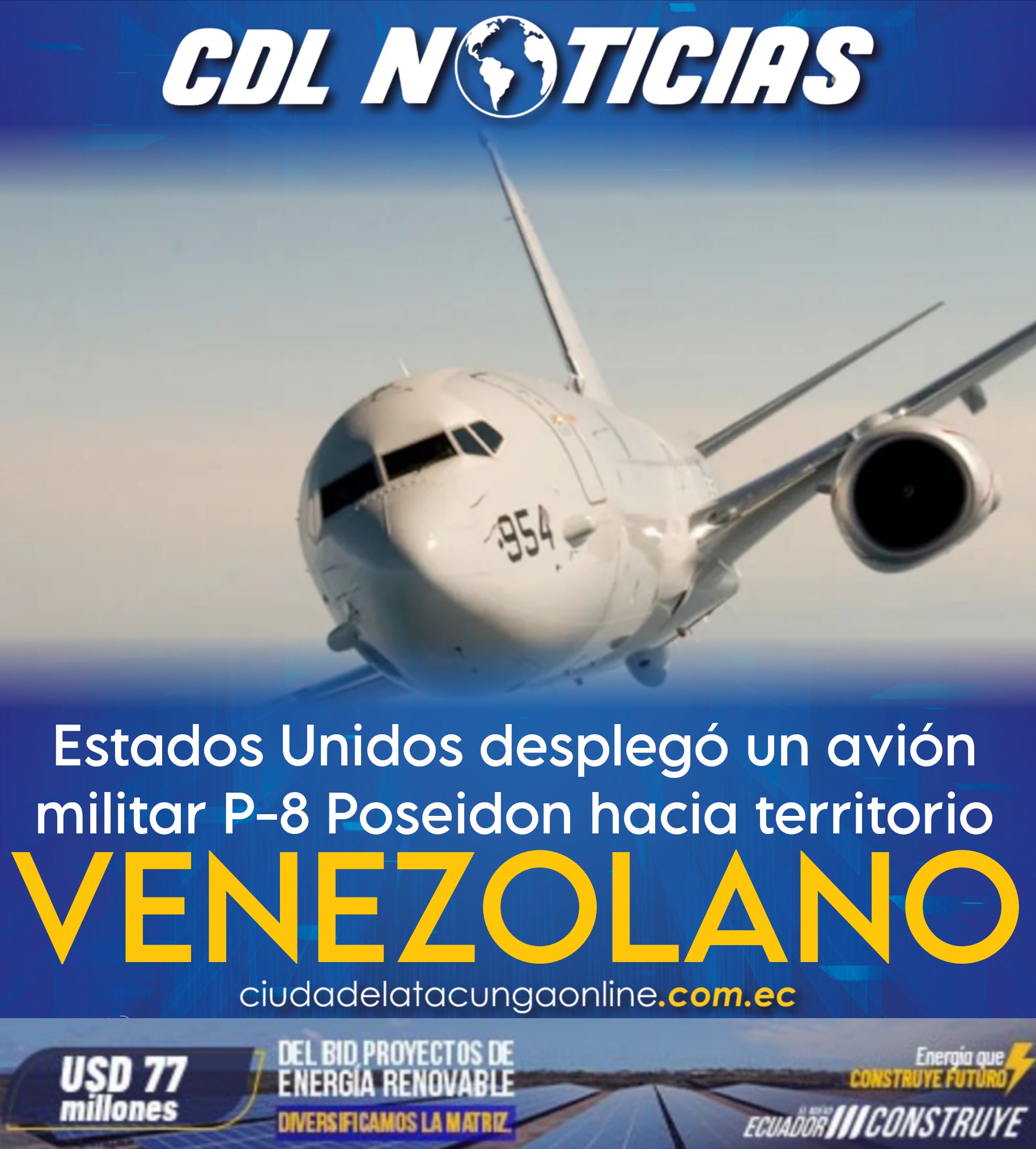 Estados Unidos desplegó un avión militar P-8 Poseidon hacia territorio venezolano
