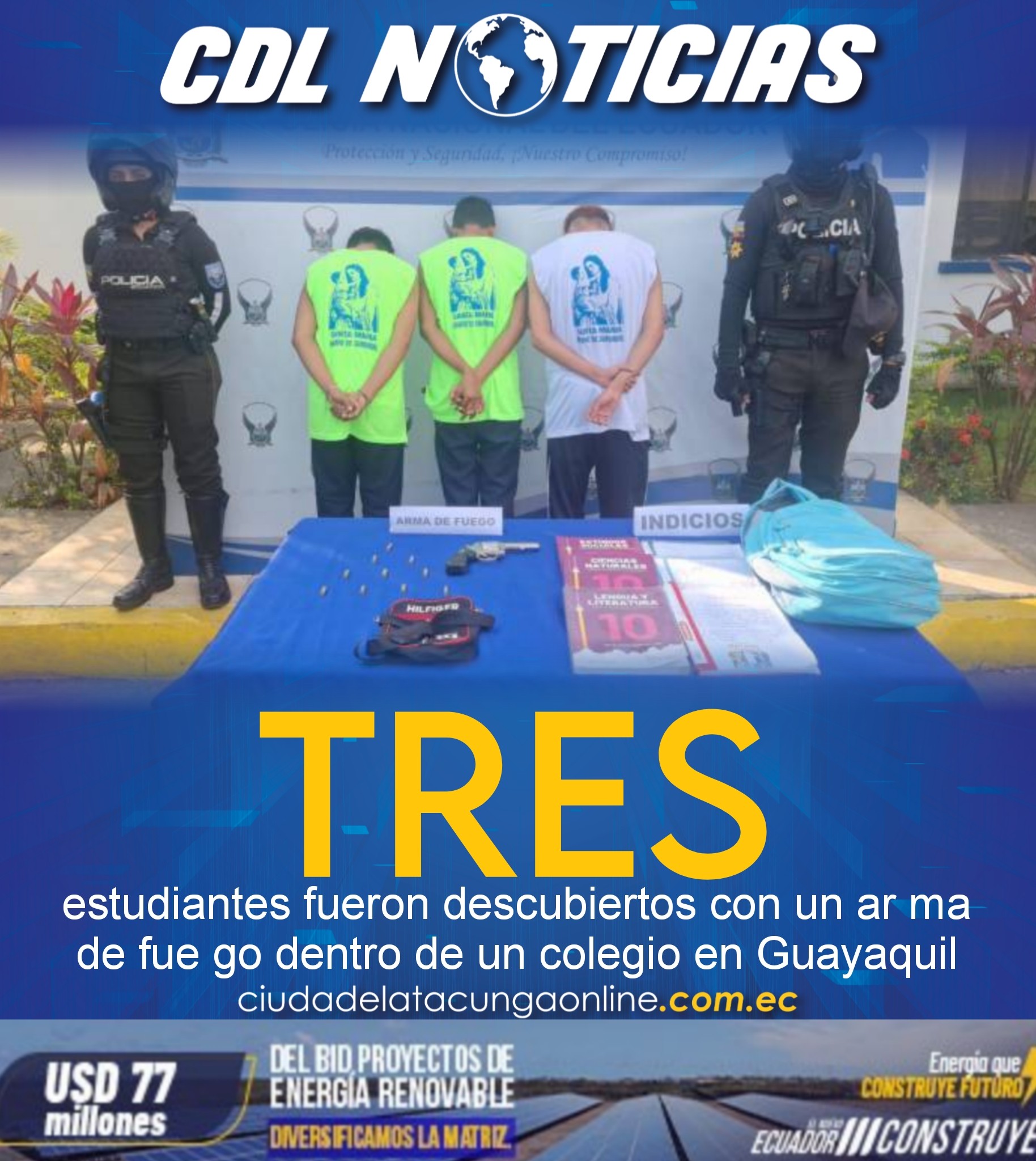 Tres estudiantes fueron descubiertos con un ar ma de fue go dentro de un colegio en Guayaquil