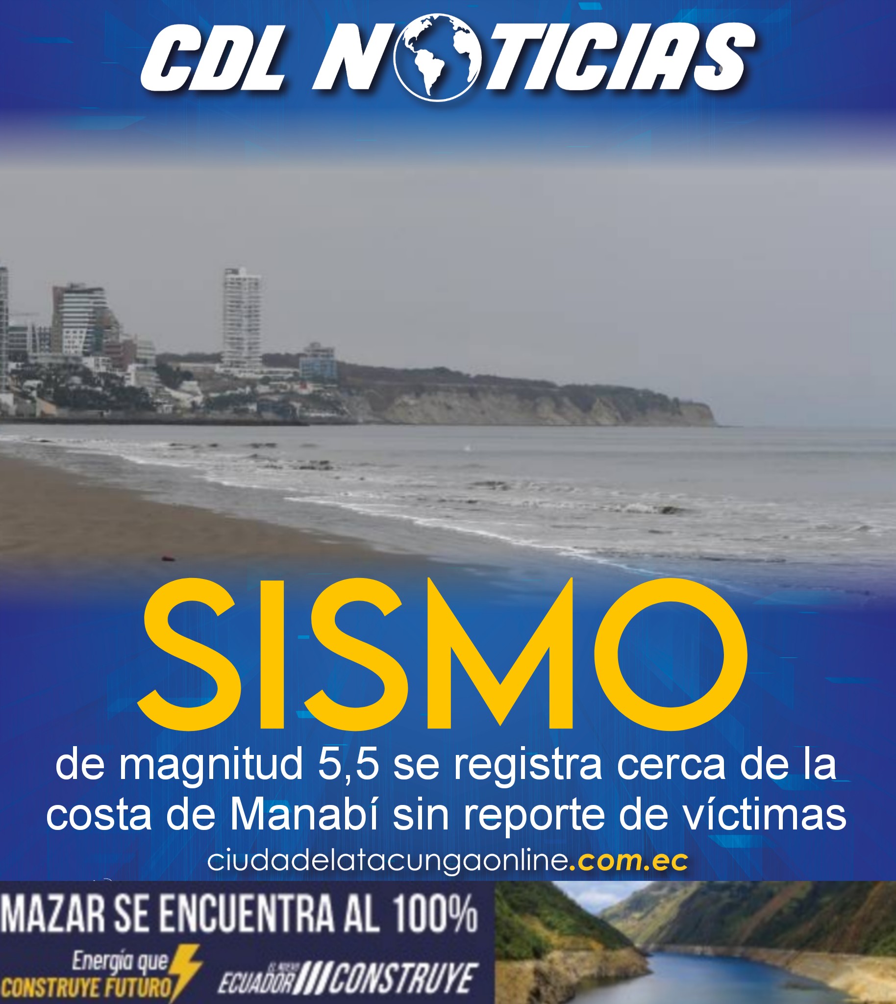 Sismo de magnitud 5,5 se registra cerca de la costa de Manabí sin reporte de víctimas