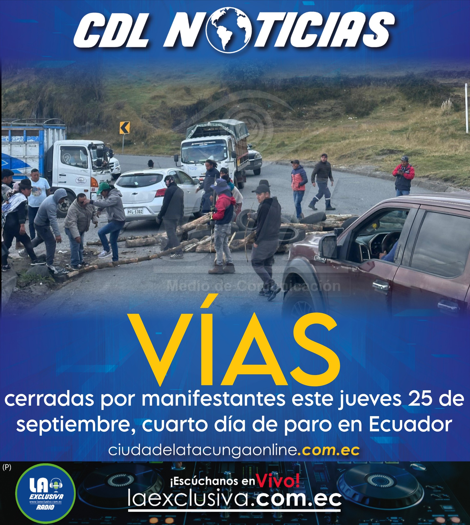 Vías cerradas por manifestantes este jueves 25 de septiembre, cuarto día de paro en Ecuador