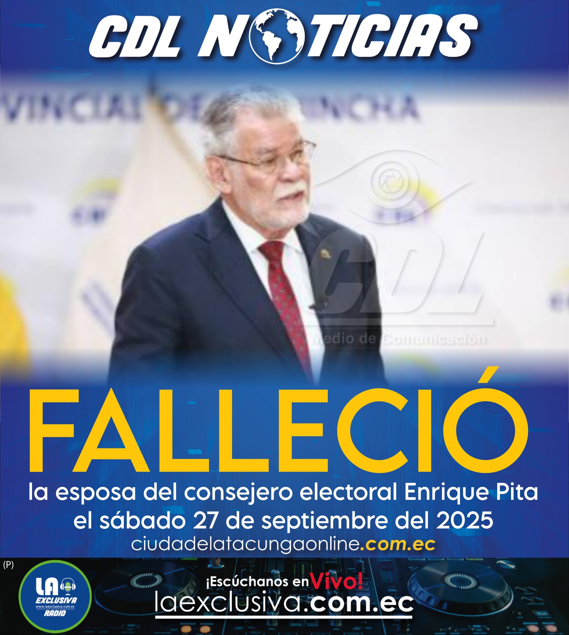 Falleció la esposa del consejero electoral Enrique Pita el sábado 27 de septiembre del 2025