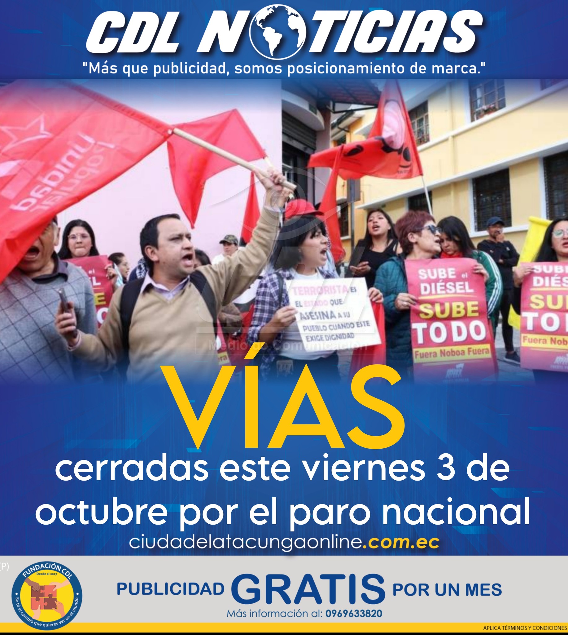 Vías cerradas este viernes 3 de octubre por el paro nacional en rechazo a la eliminación del subsidio al diésel