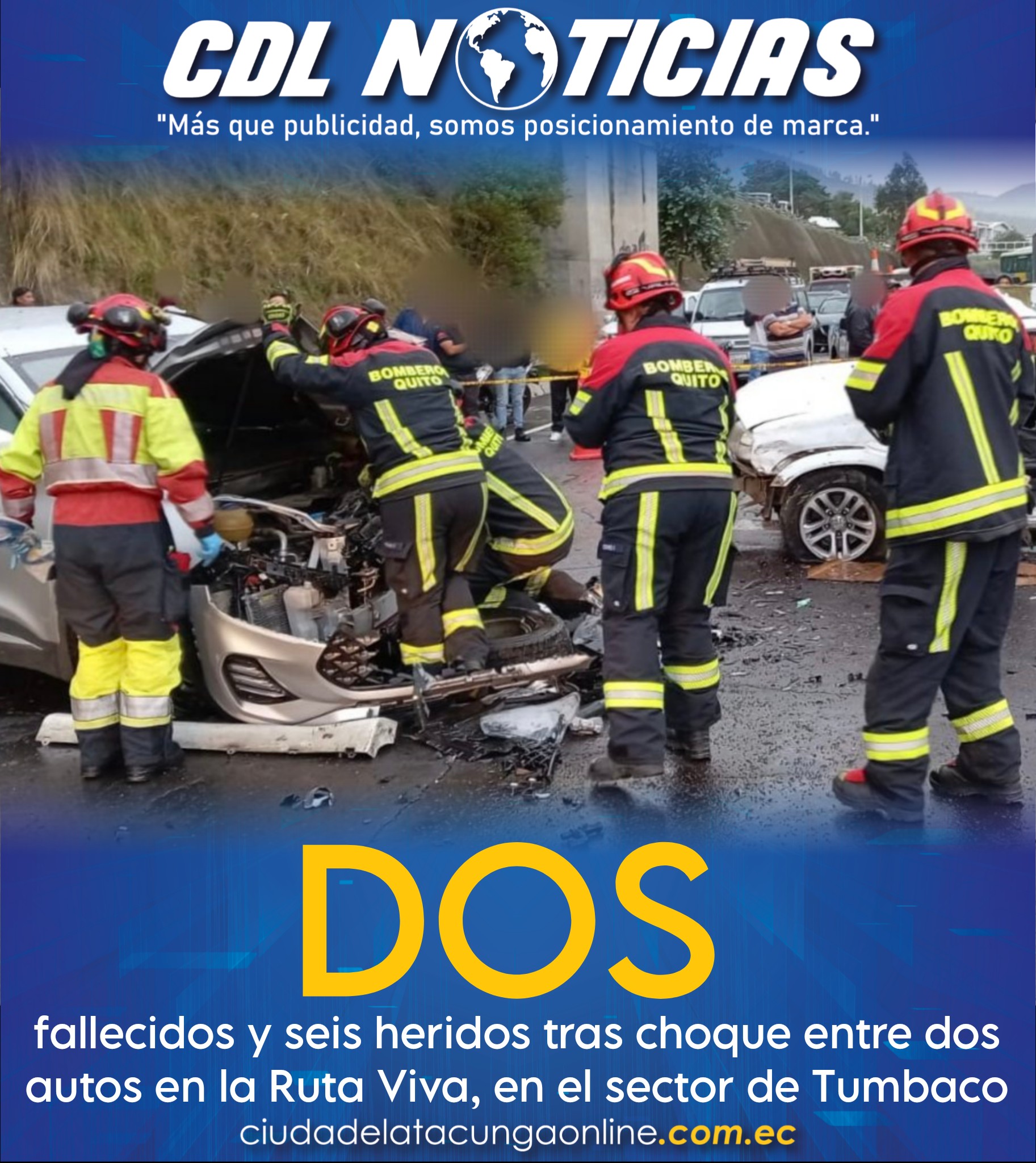 Dos fallecidos y seis heridos tras choque entre dos autos en la Ruta Viva, en el sector de Tumbaco