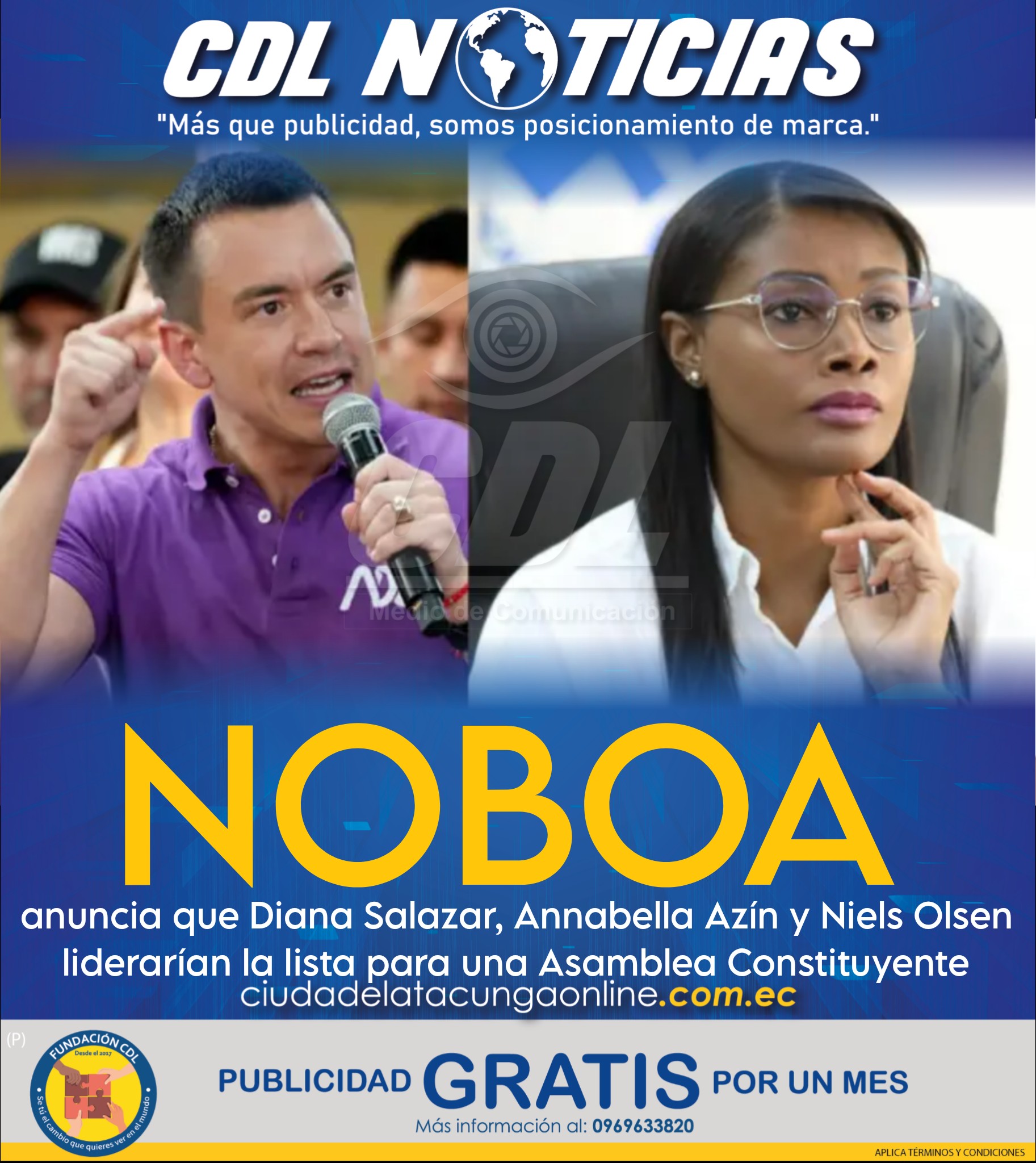 Daniel Noboa anuncia que Diana Salazar, Annabella Azín y Niels Olsen liderarían la lista para una Asamblea Constituyente