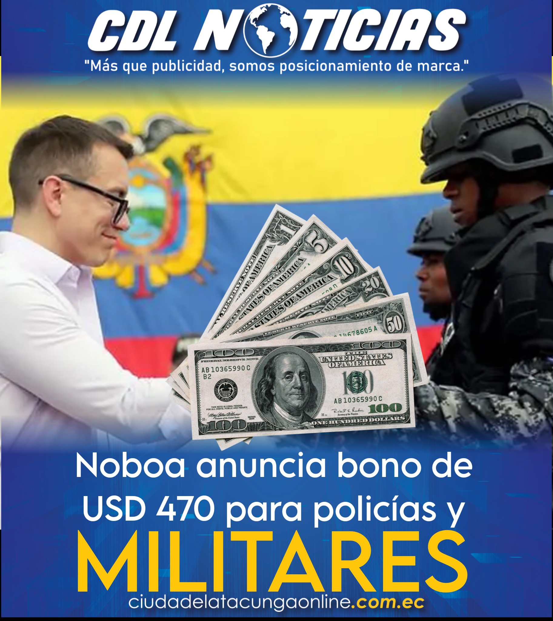 Noboa anuncia bono de USD 470 para policías y militares