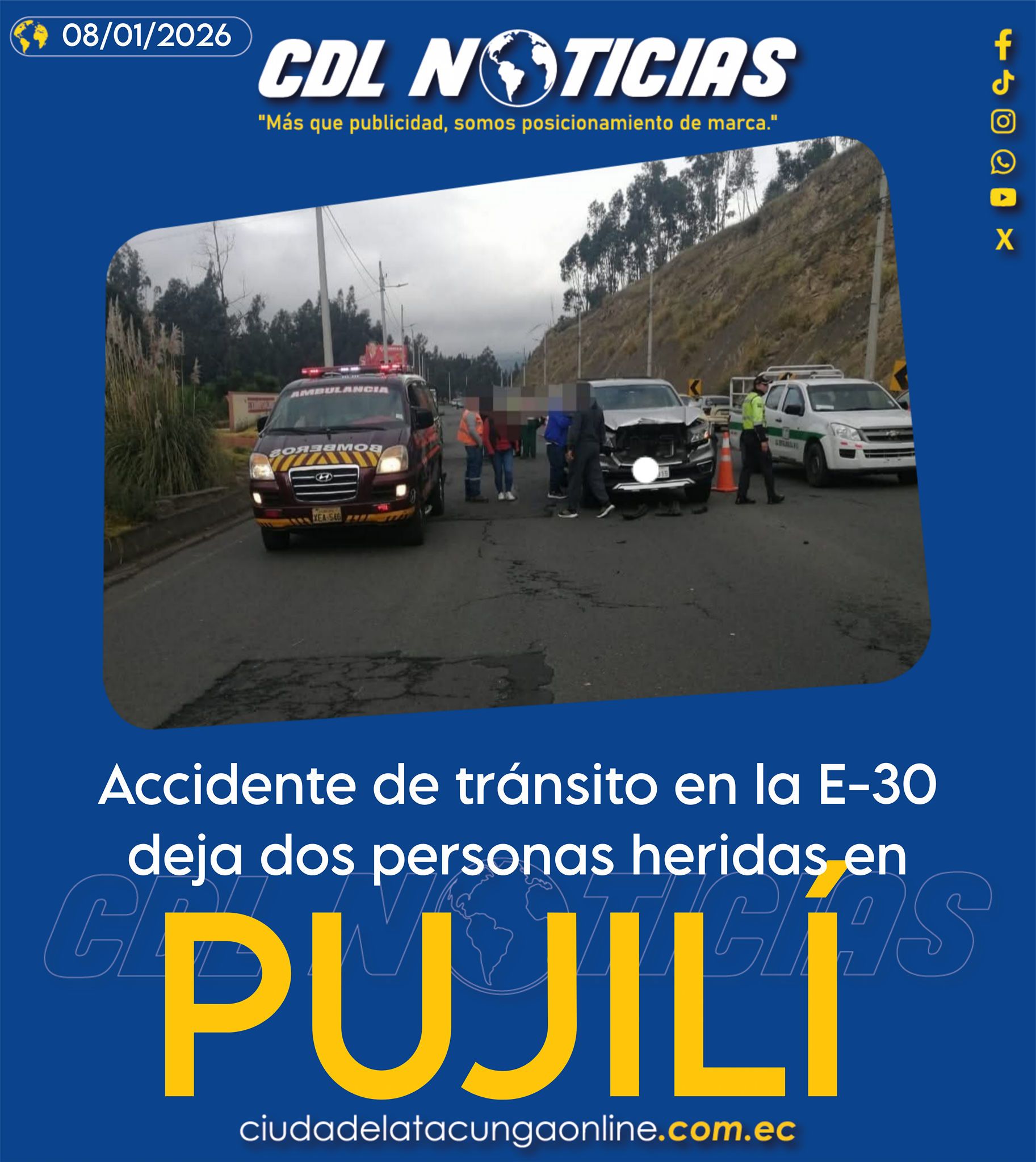 Accidente de tránsito en la E-30 deja dos personas heridas en Pujilí