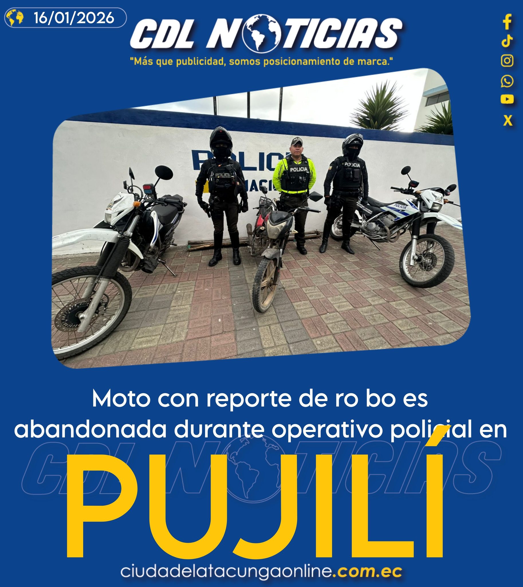 Moto con reporte de ro bo es abandonada durante operativo policial en Pujilí