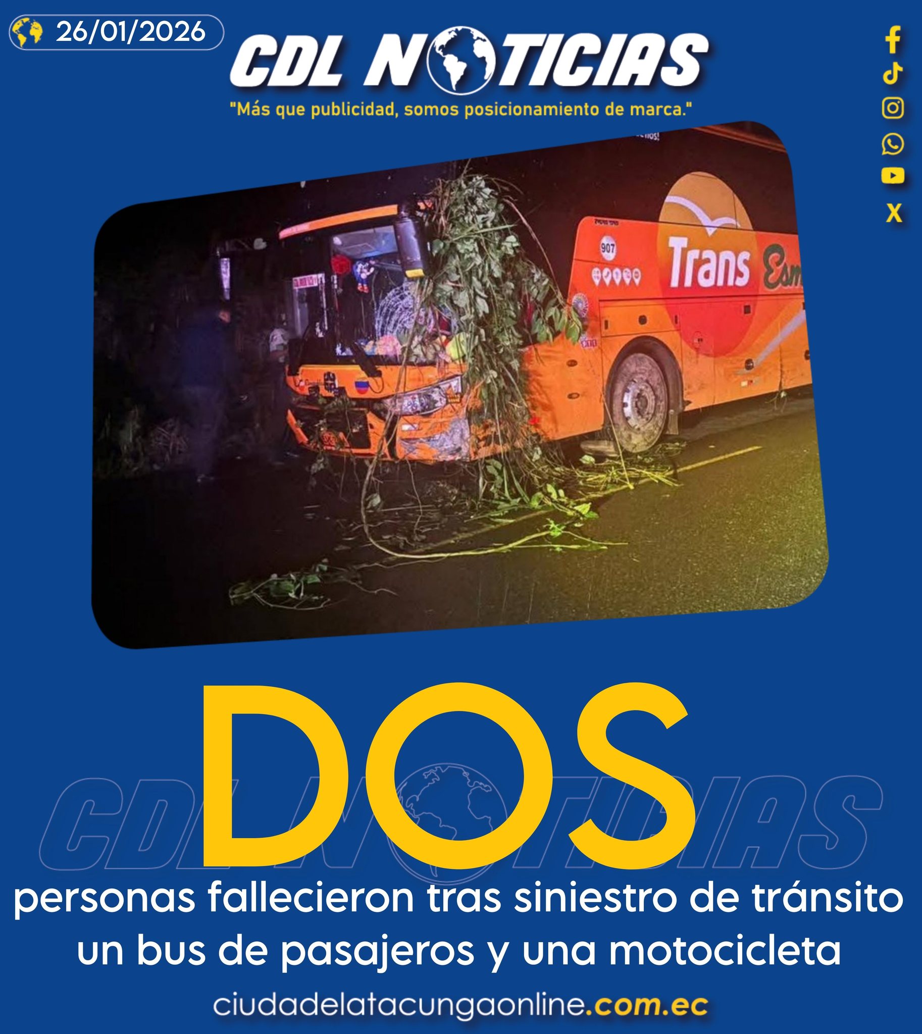 Dos personas fallecieron tras siniestro de tránsito un bus de pasajeros y una motocicleta