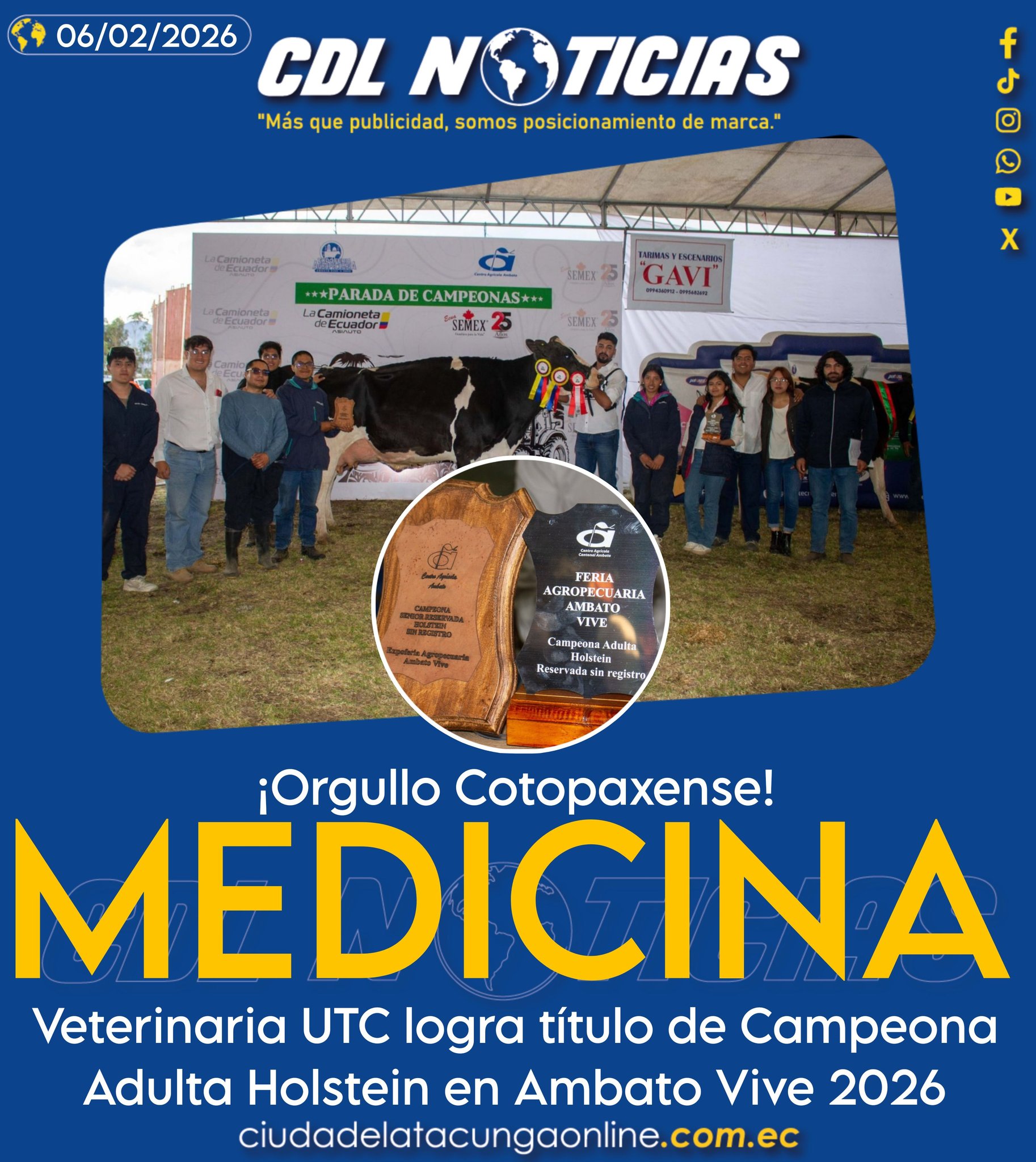 Medicina Veterinaria UTC logra título de Campeona Adulta Holstein en Ambato Vive 2026
