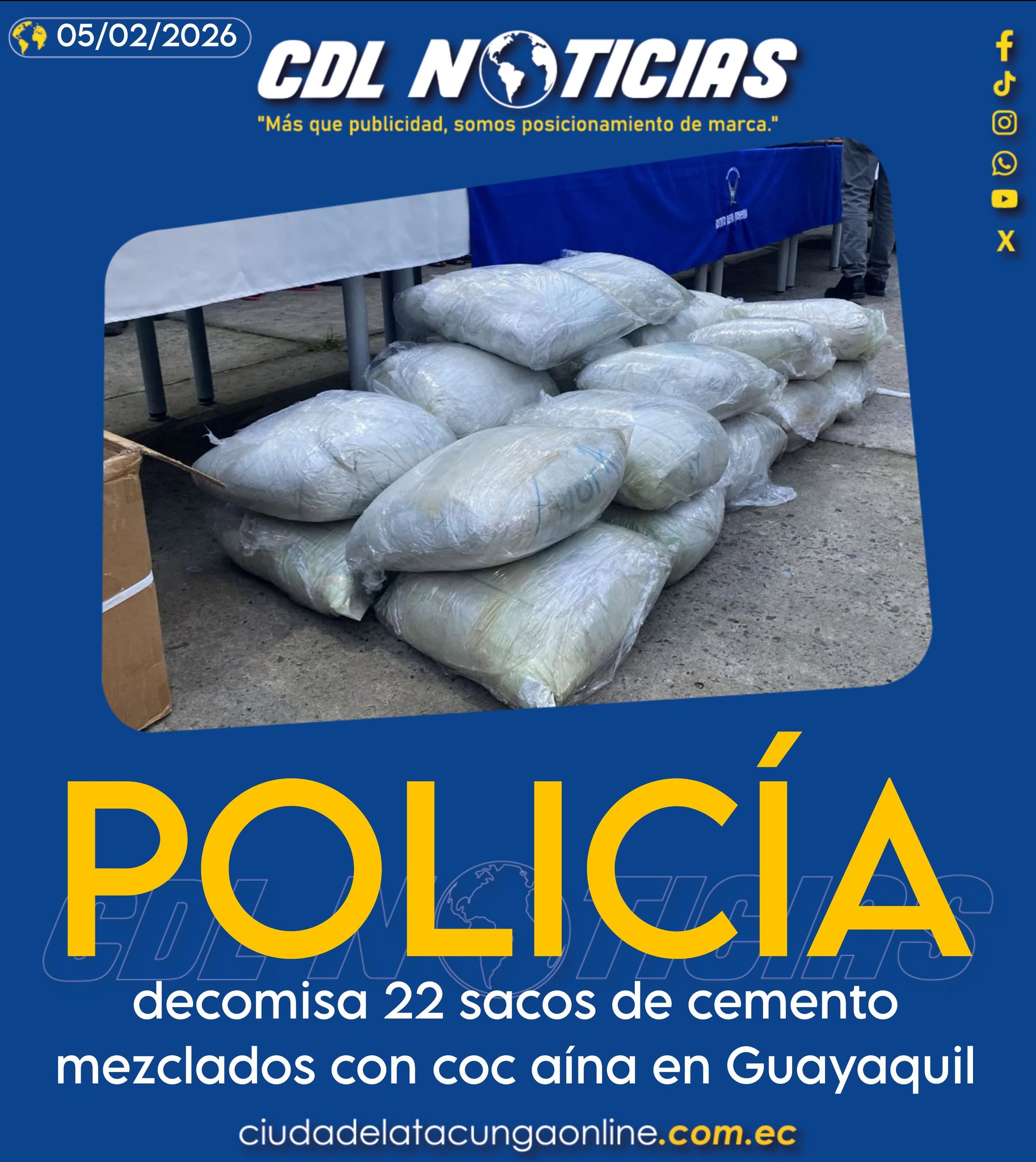 Policía decomisa 22 sacos de cemento mezclados con cocaína en Guayaquil