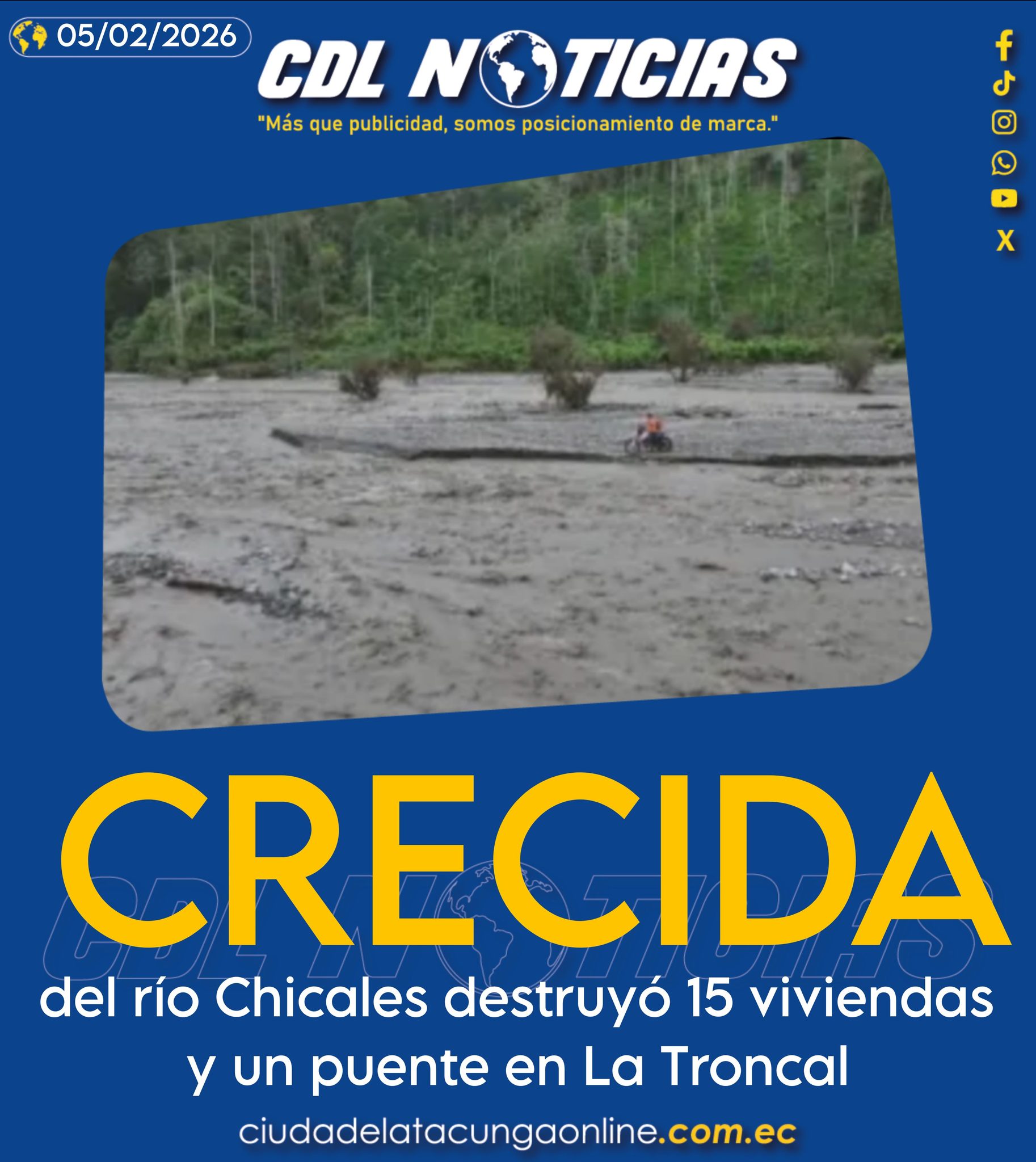 Cañar: la crecida del río Chicales destruyó 15 viviendas y un puente en La Troncal