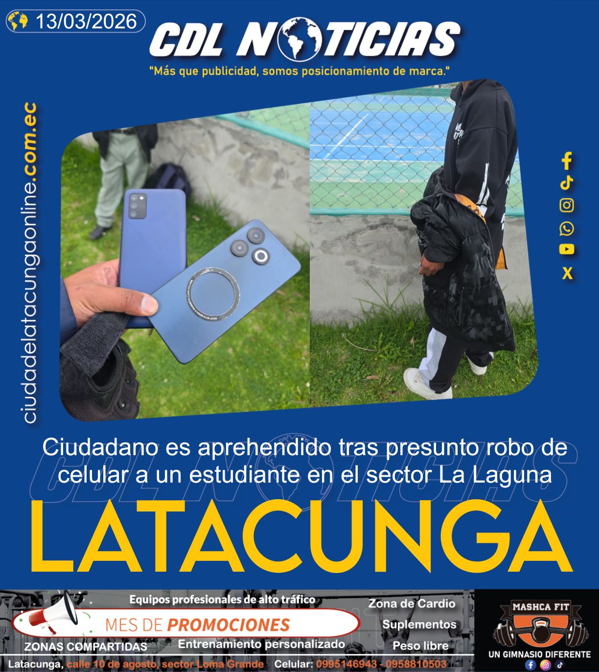 Ciudadano es aprehendido tras presunto robo de celular a un estudiante en el sector La Laguna Latacunga