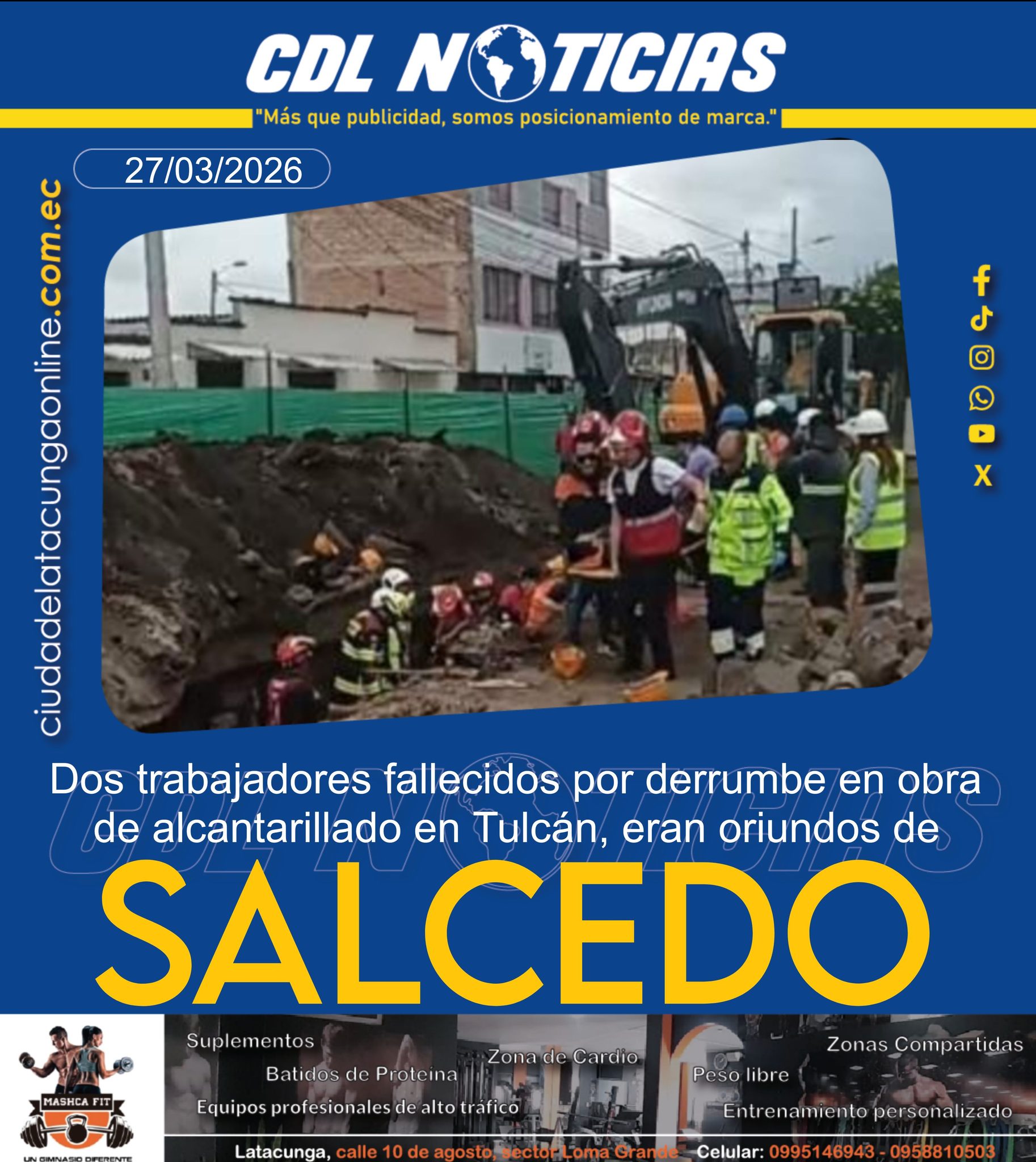 Dos trabajadores fallecidos por derrumbe en obra de alcantarillado en Tulcán, son oriundos de Salcedo
