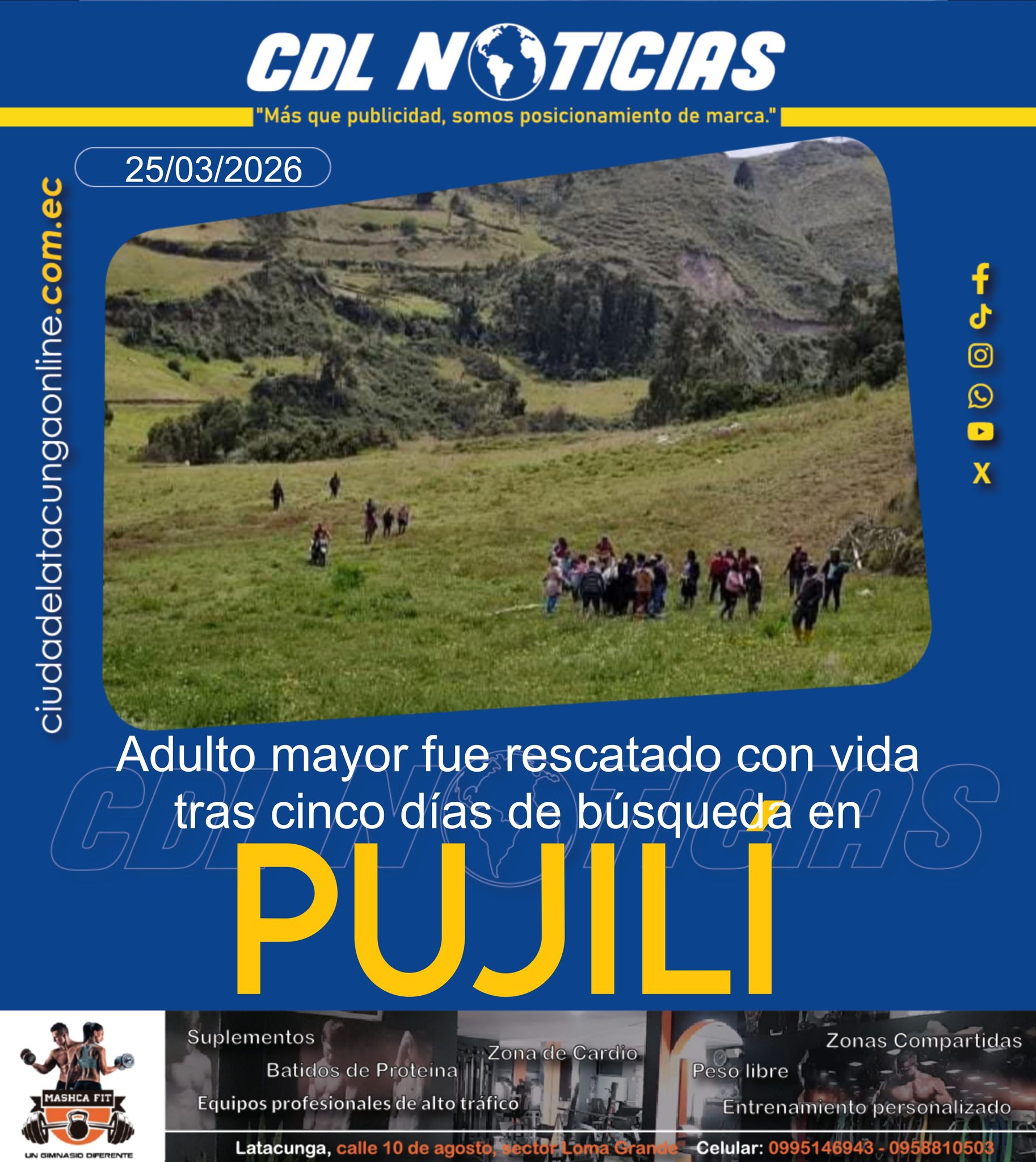 Adulto mayor fue rescatado con vida tras cinco días de búsqueda en Pujilí