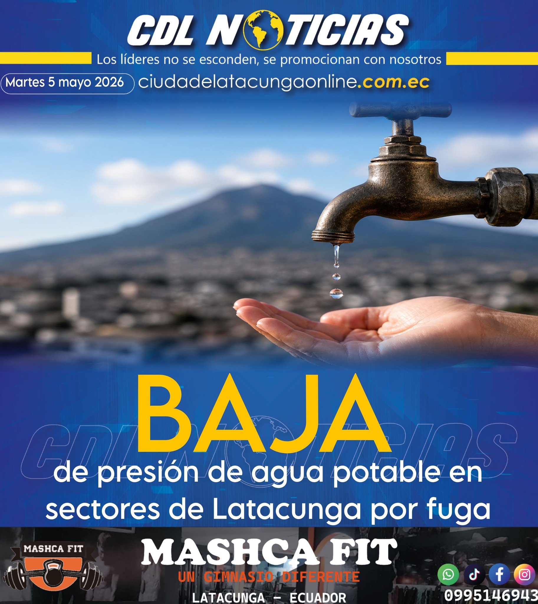 Baja de presión de agua potable en sectores de Latacunga por fuga