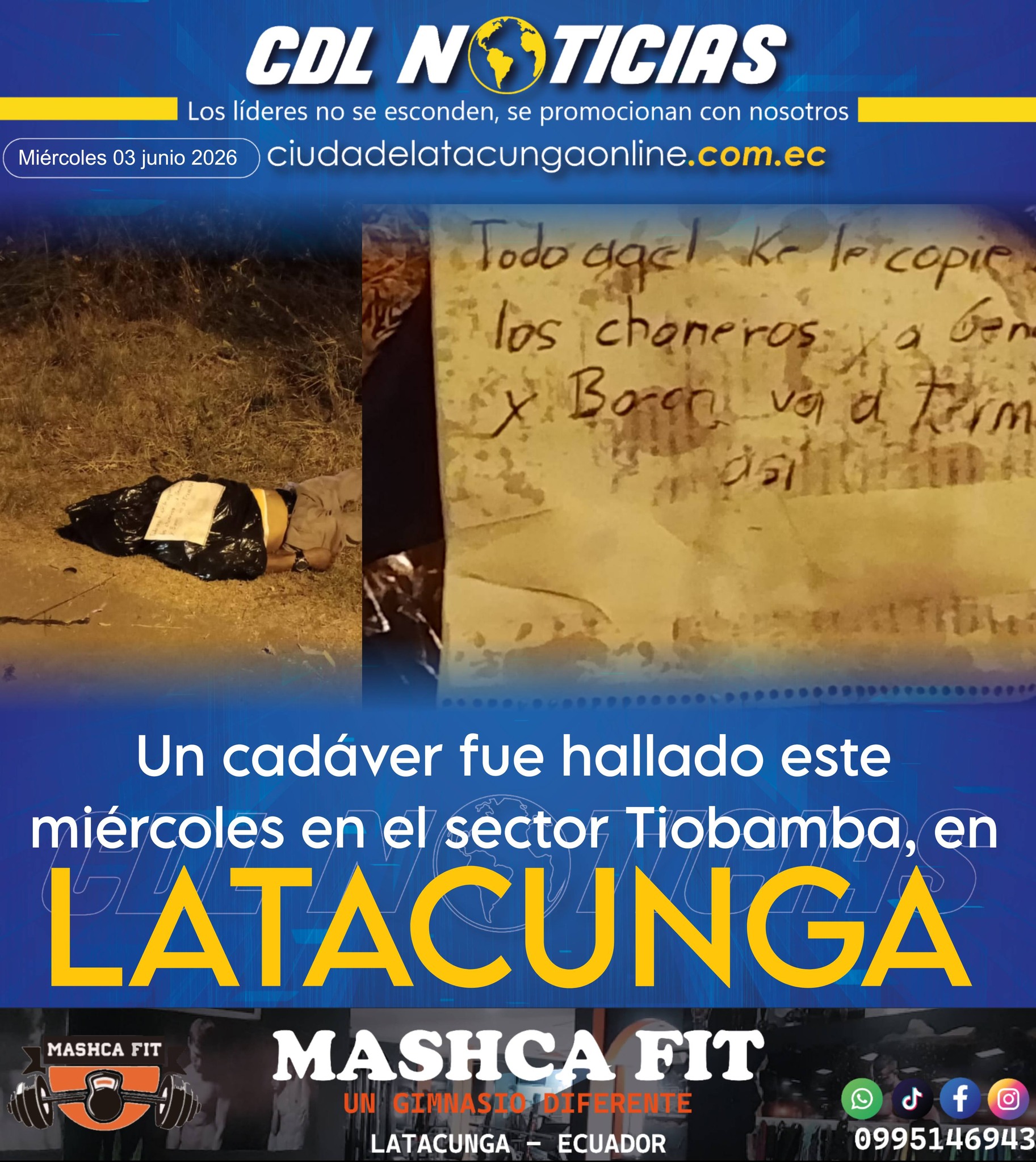 Hallan cadáver con un panfleto en el sector Tiobamba, en Latacunga